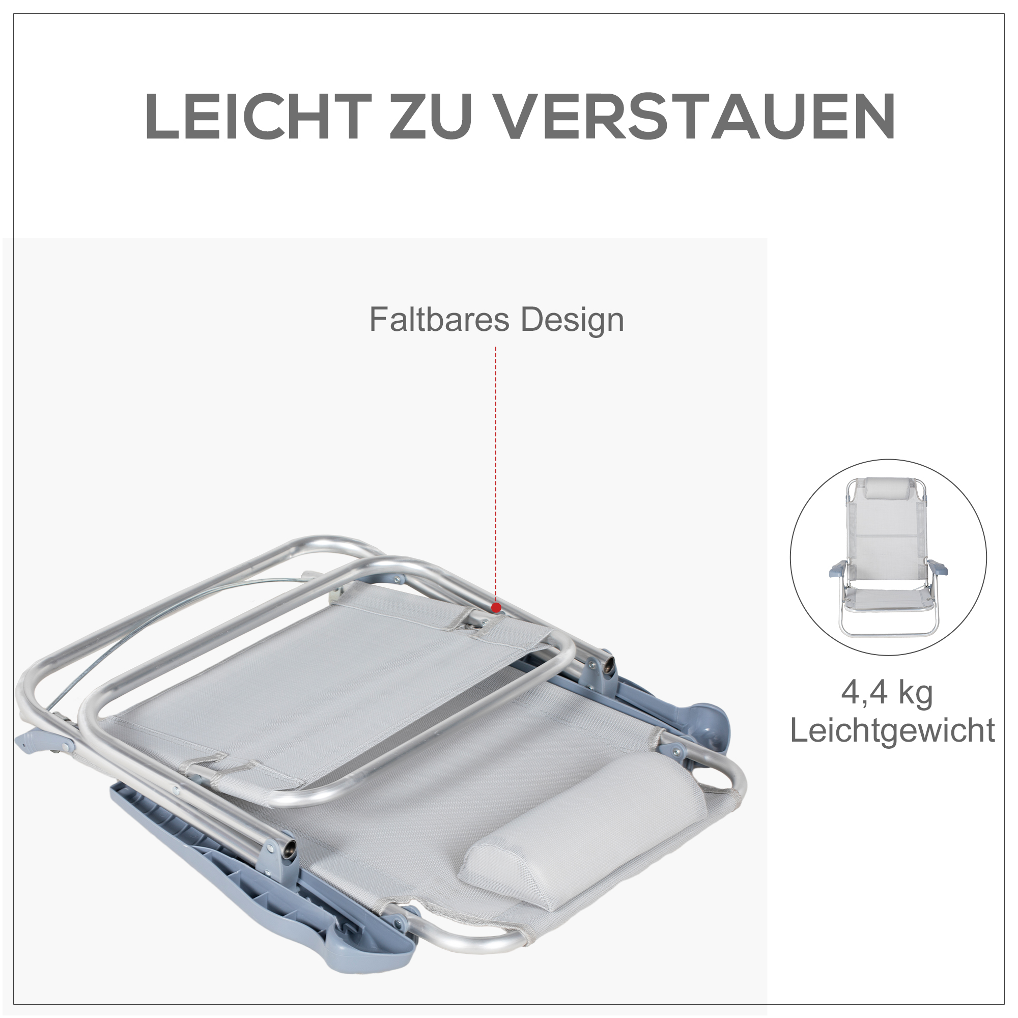 2er Set Campingstühle klappbar Campingstuhl mit 6-fach verstellbarer Netzrückenlehne Kopfstütze 62 x 65 x 80 cm Hellgrau