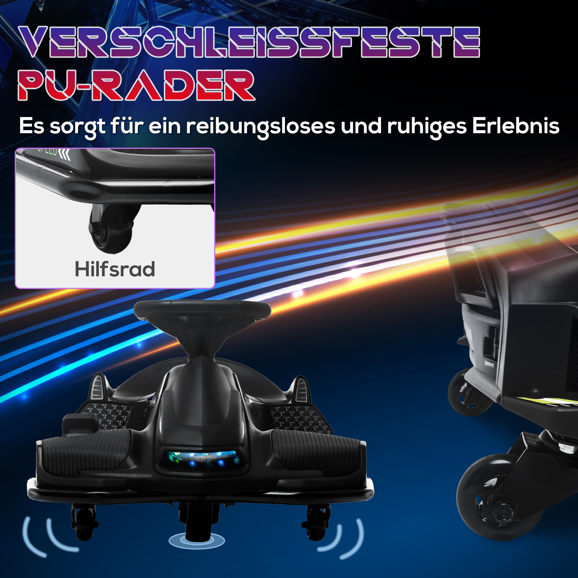 Elektrisches Go-Kart für Kinder, Gummiräder, 3-8 km/h, mit Lichtern und Musikfunktion, Schwarz