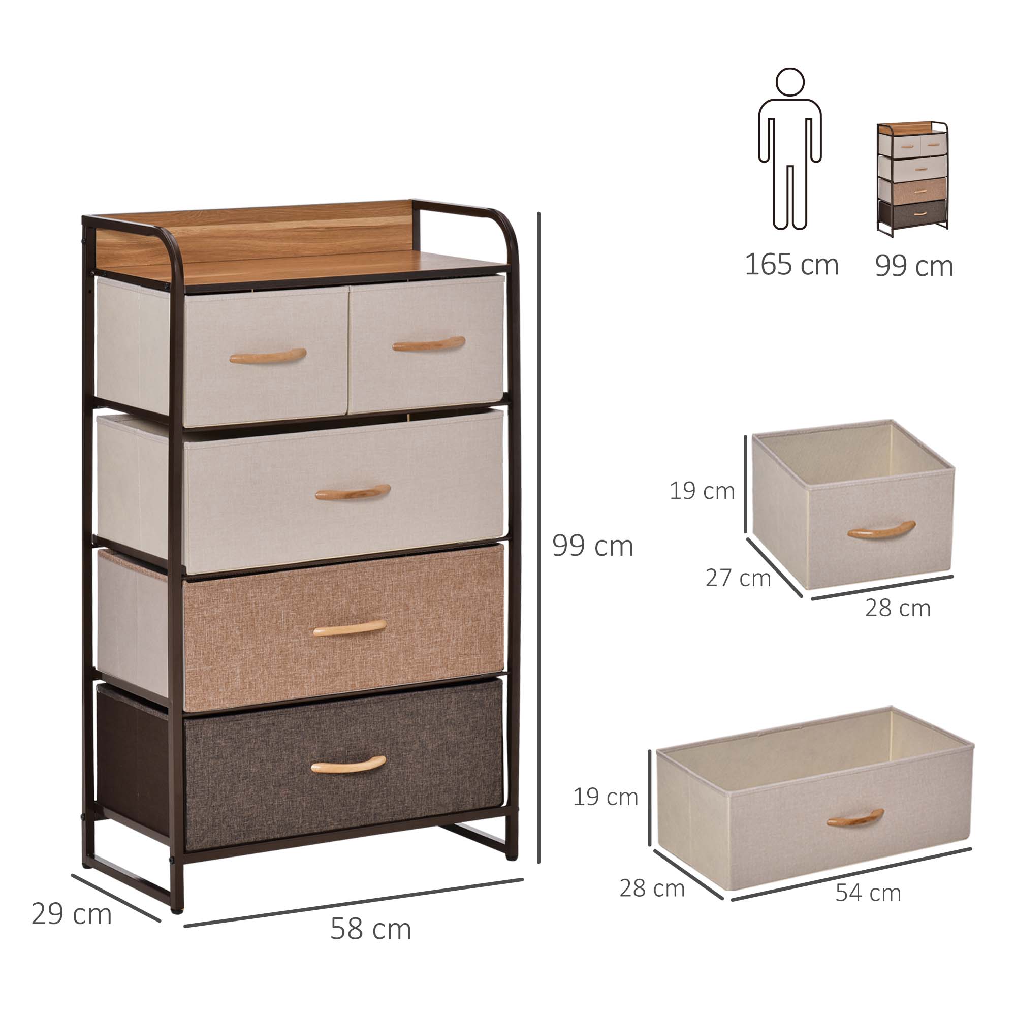 Kommode mit 5 faltbaren Stoffschubladen, Ablage, stabiler Stahlrahmen, 58 x 29 x 99 cm