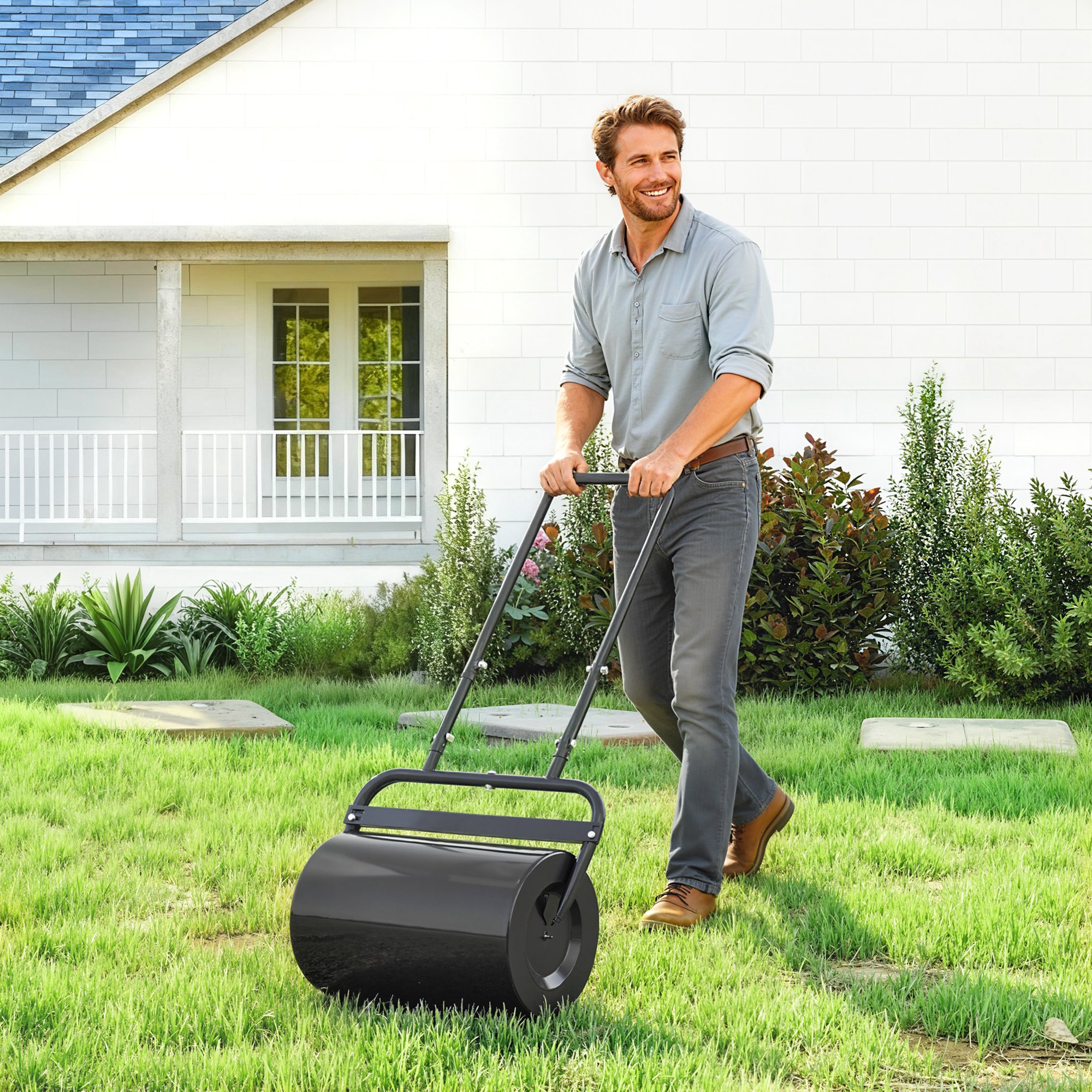 Outsunny Rasenwalze mit U-Griff, Gartenwalze, Gartenrolle, 32 cm Durchmesser, 38 L Wasser-/62 kg Sand, Metall, Schwarz, 58 x 32,5 x 113 cm