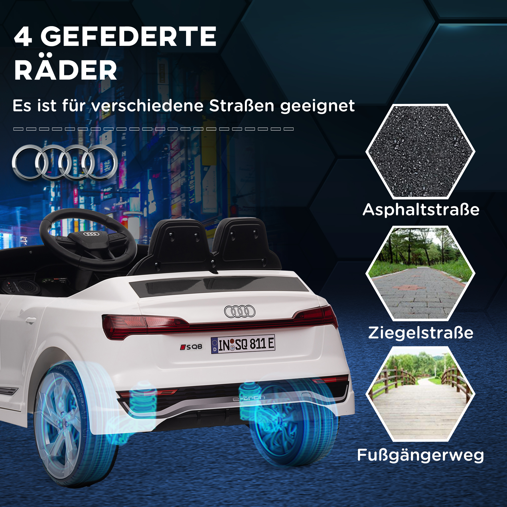 Kinderfahrzeug Audi Q8, 3-5 km/h, Fernsteuerung, Scheinwerfer, Musik, weiß