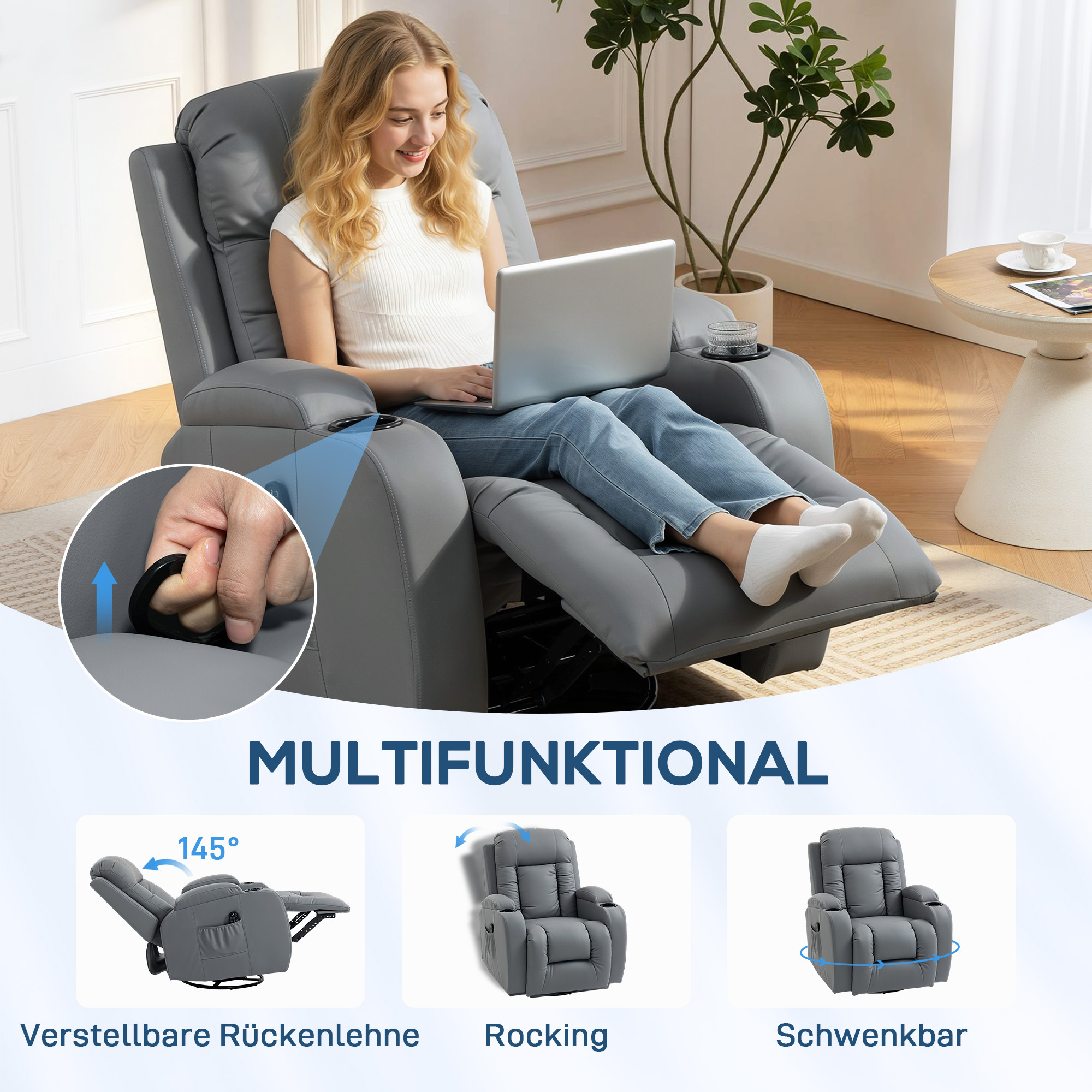 Massagesessel mit Wipp-, Liege- & Wärmefunktion, 3 Modi, drehbar, Hellgrau