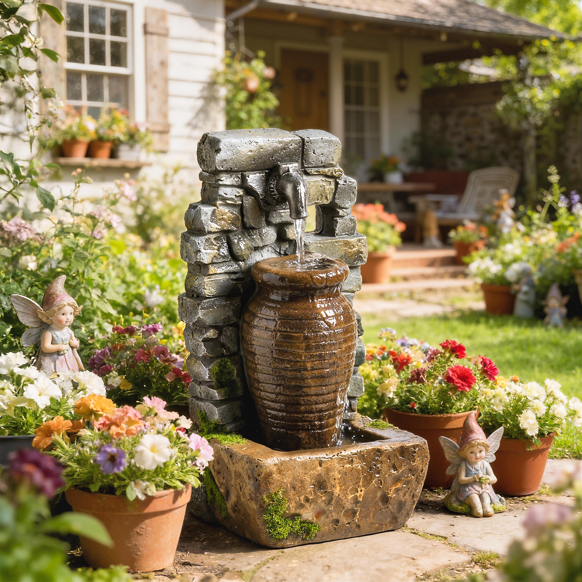 Gartenbrunnen mit einstellbarem Wasserfluss und 3-stufiger rustikaler Steinwand im Krugdesign