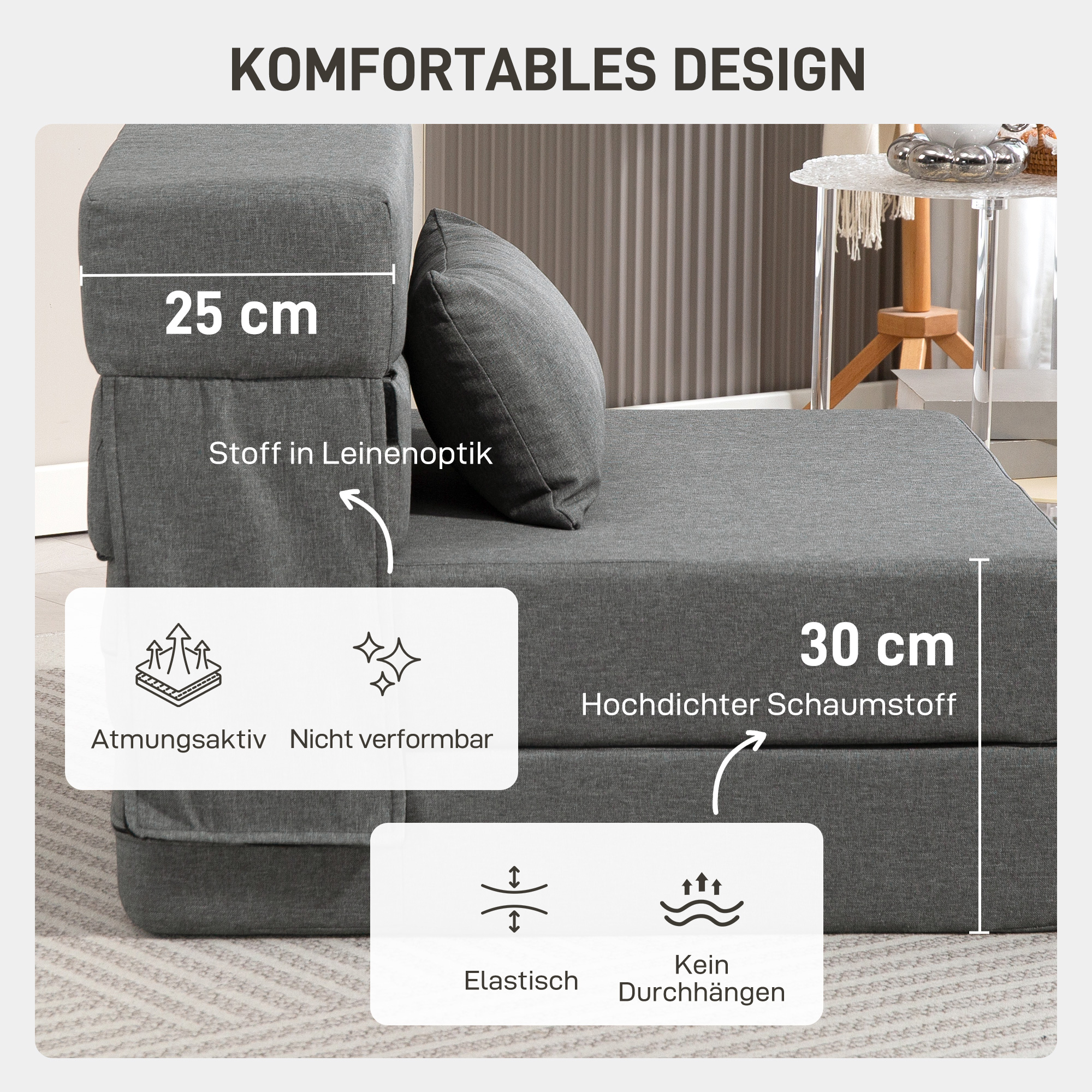 Bodensofa, Polstercouch, in Matratze umwandelbar, Schaumstoff, Kissen, Grau