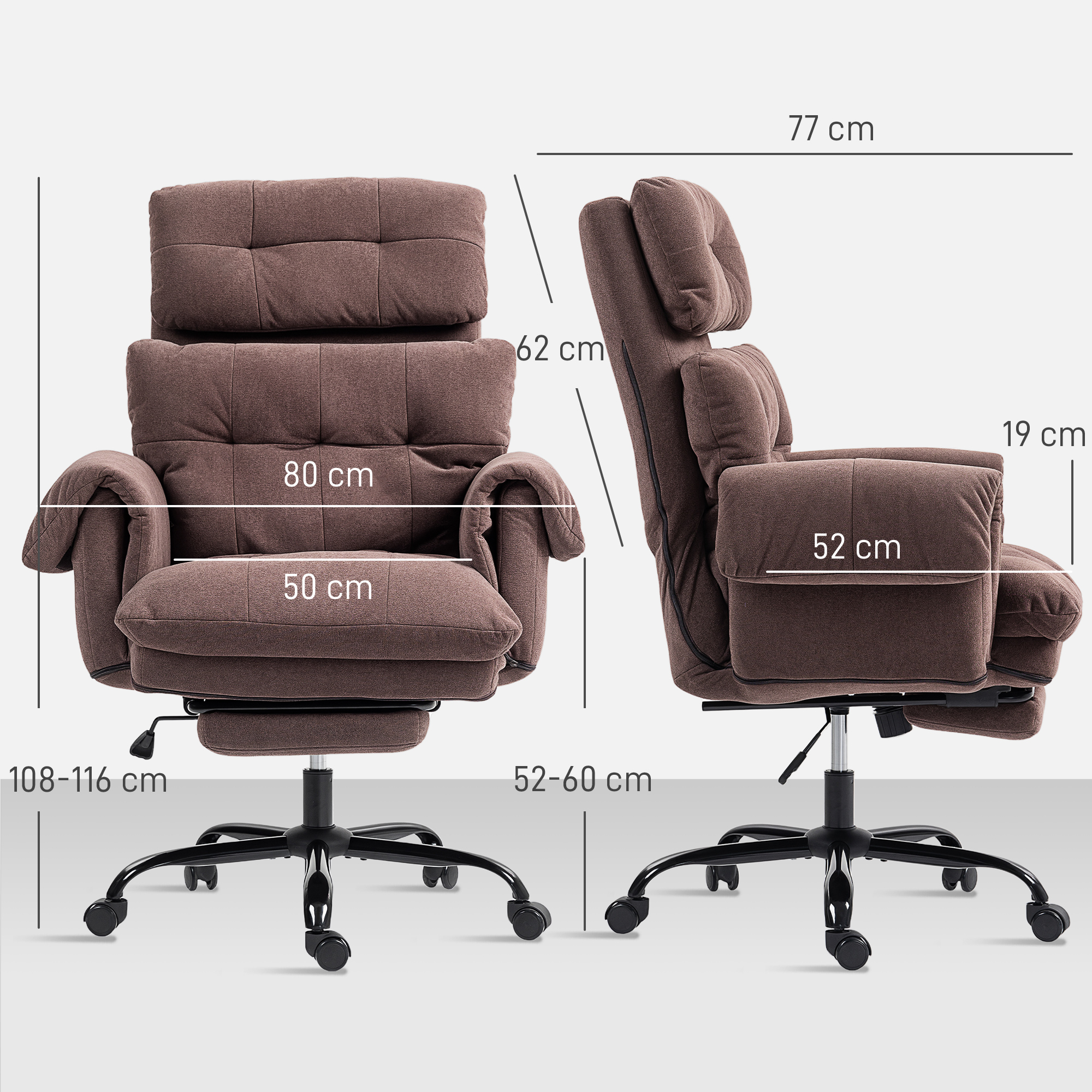 Bürostuhl mit verstellbarer Rückenlehne, rollbarer Polsterstuhl, Polstersessel, höhenverstellbar, Stahl, Braun