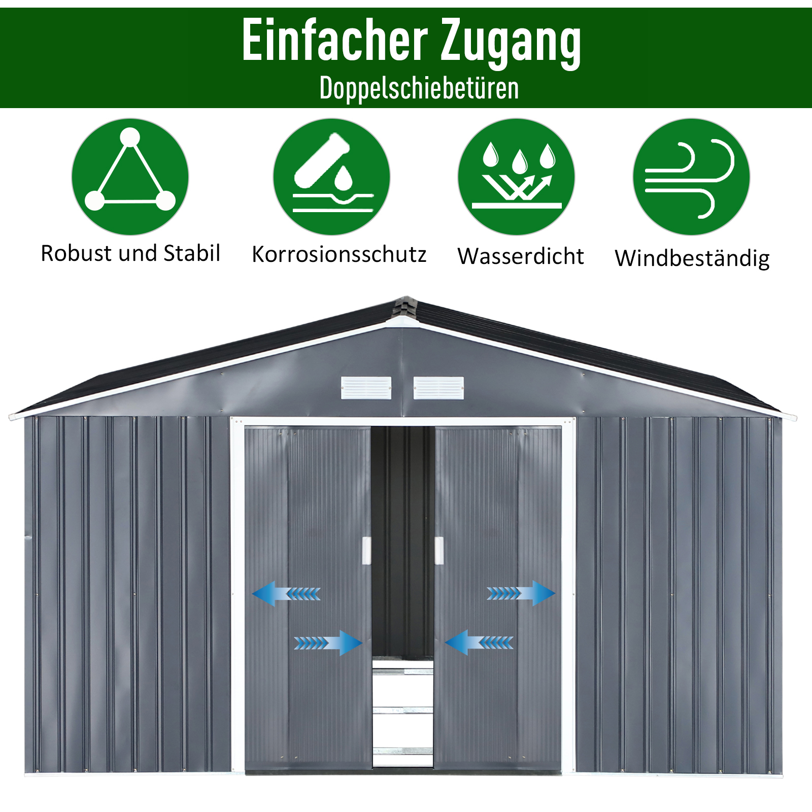 Geräteschuppen, Wetterfestes Gartenhaus für Gartengeräte, mit Belüftungsfenstern, Schiebetüren, Stahl, Kohlegrau