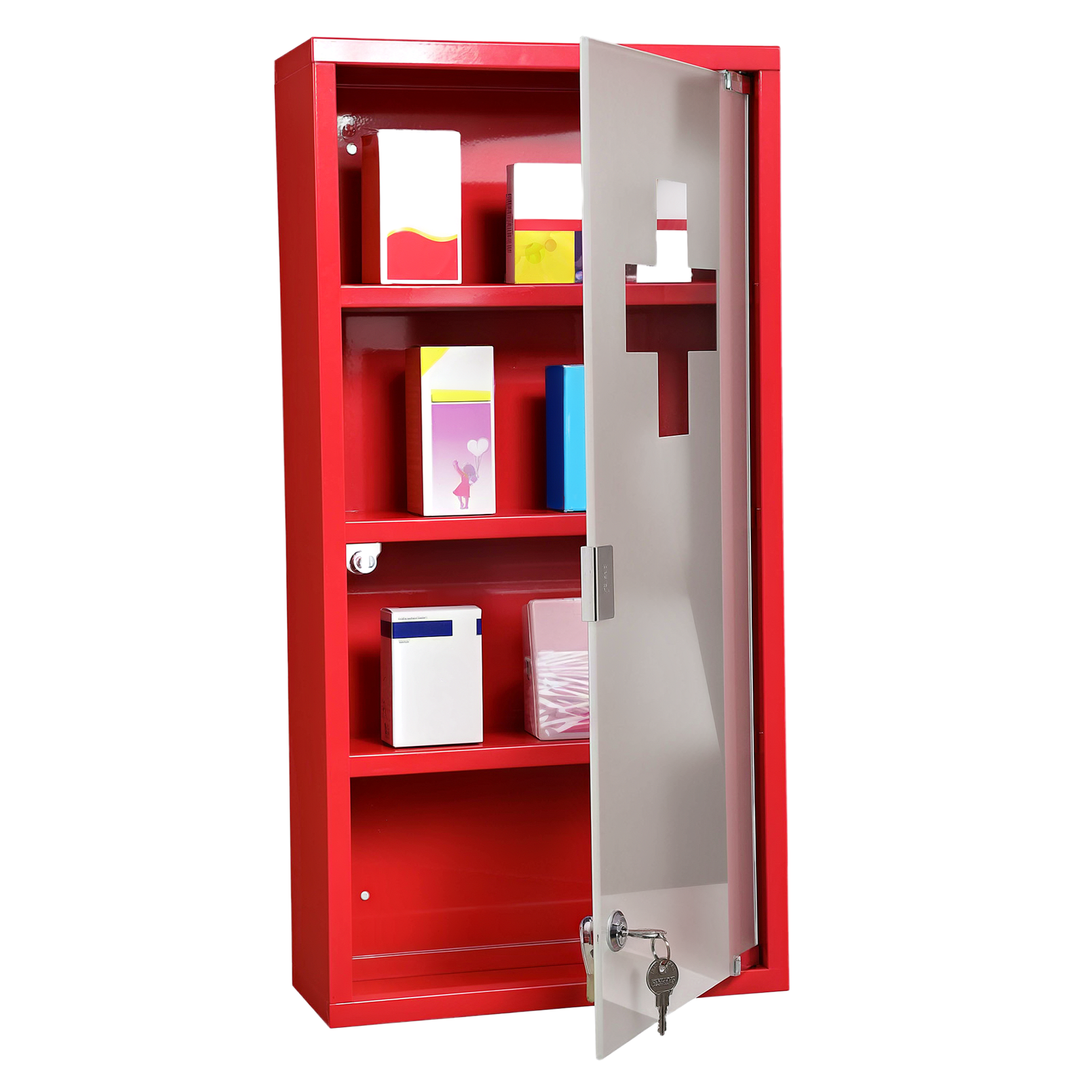 Medizinschrank aus Stahl Arzneischrank zur Medikamenten-Aufbewahrung, Abschließbar Apothekerschrank mit 4 Fächer, Glastür, 60 x 30 x 12 cm, Rot