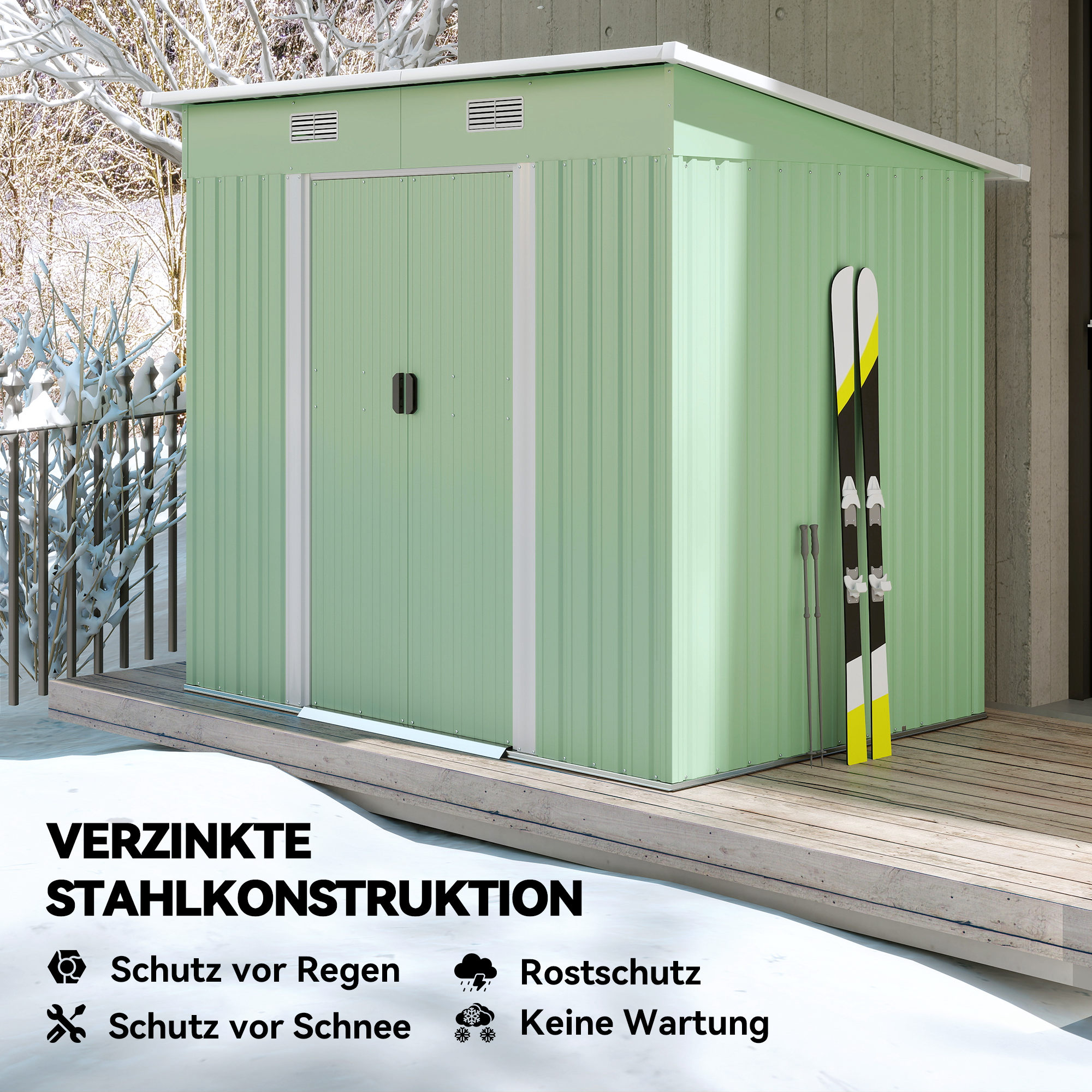 Gerätehaus Metall 2,3 m² 207 x 130 x 182 cm Geräteschuppen mit Pultdach Fenster Bodenrahmen Grün