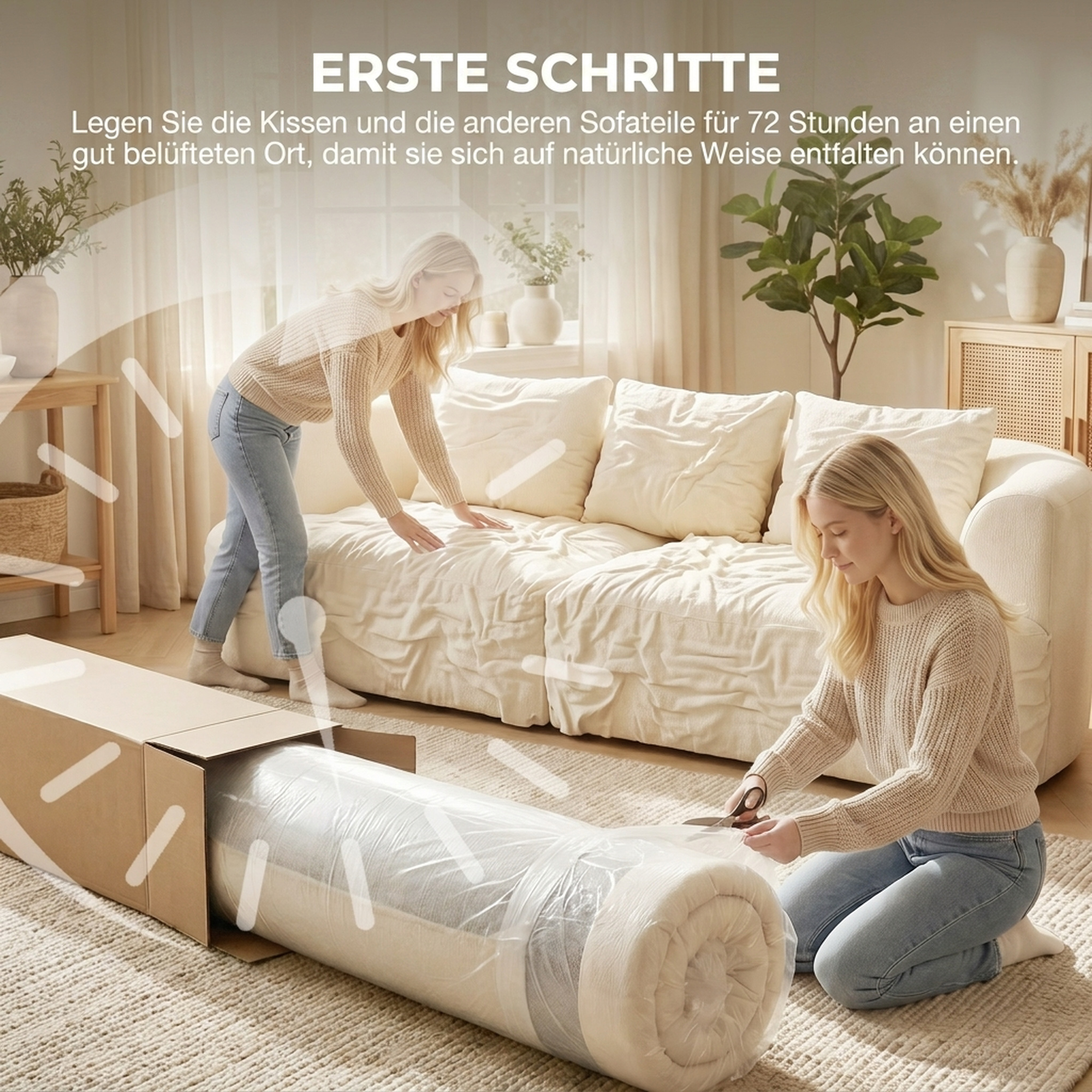 3-Sitzer-Sofa, 260 cm Chenille-Sofa mit breiter Sitzfläche, Federkernpolsterung, hochdichtem Schaumstoff, 3 Kissen creme