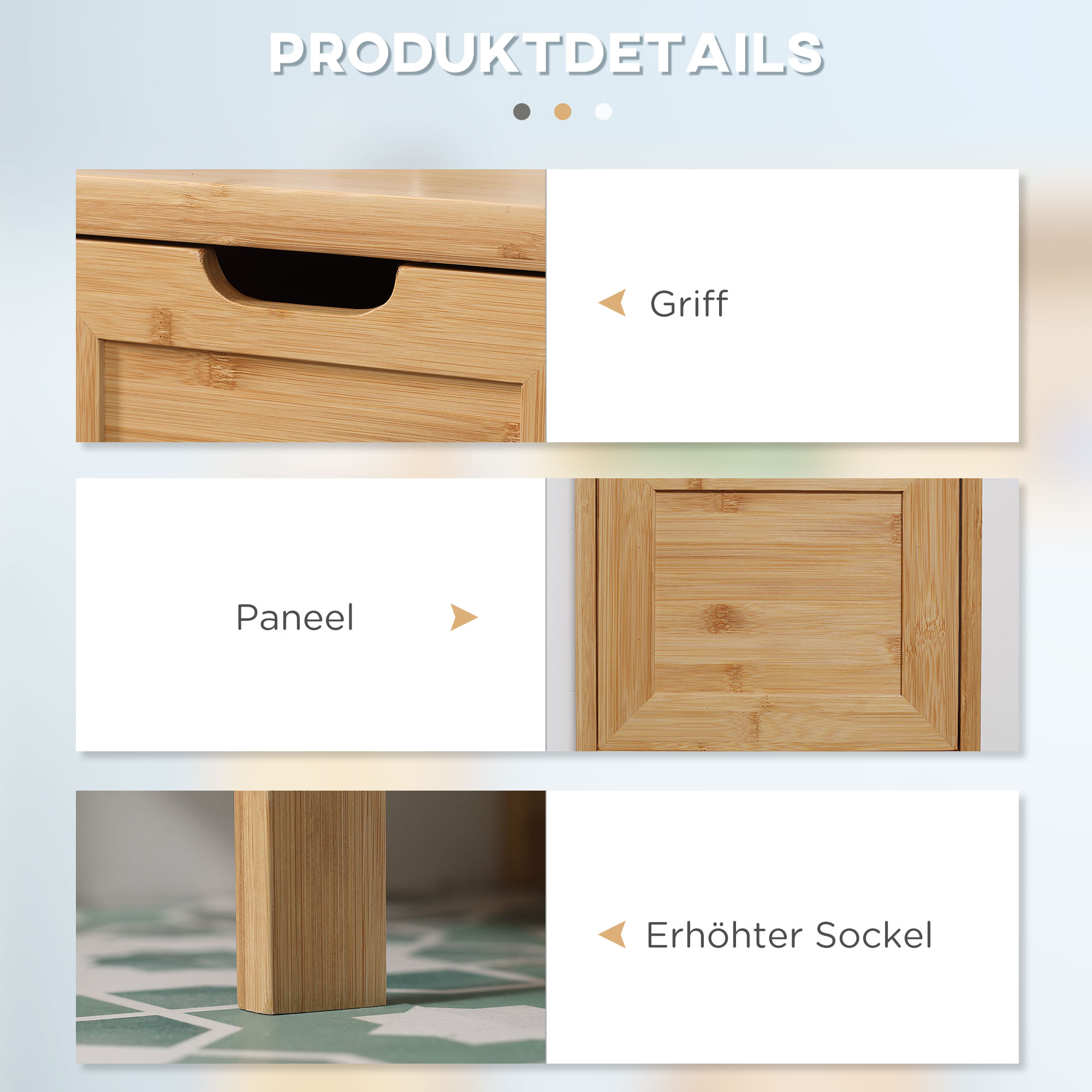 Badezimmerschrank aus Bambus, 1 Regal, 2 Schubladen, 30 cm x 30 cm x 90 cm; Natur