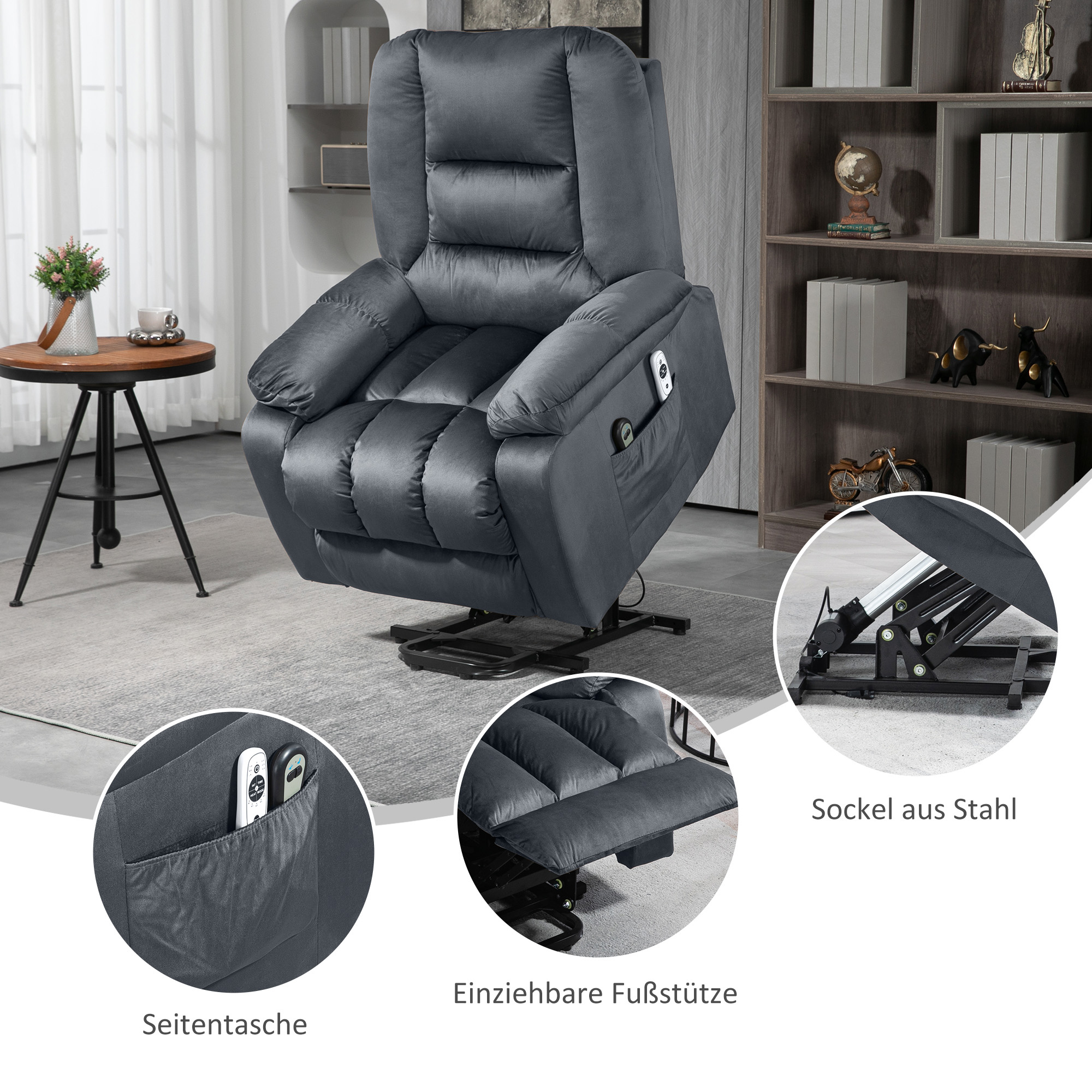 Massagesessel Aufstehhilfe Seniorensessel Relaxsessel, 8 Massagepunkte, 2 Seitentaschen, 85 cm x 94 cm x 107cm, Grau