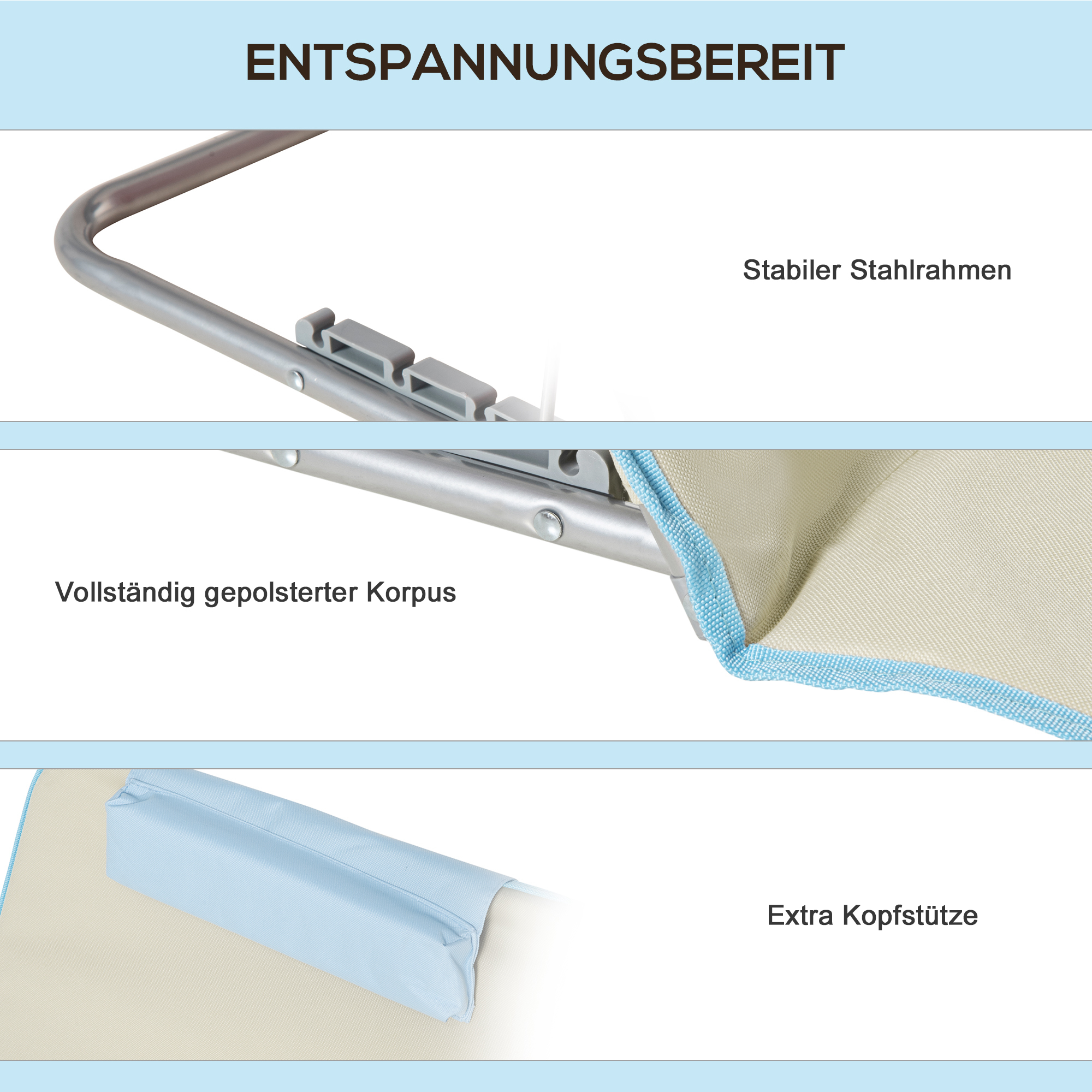 2er-Set Strandmatte, verstellbar, faltbar, 124L x 53B x 37-50H cm, Beige