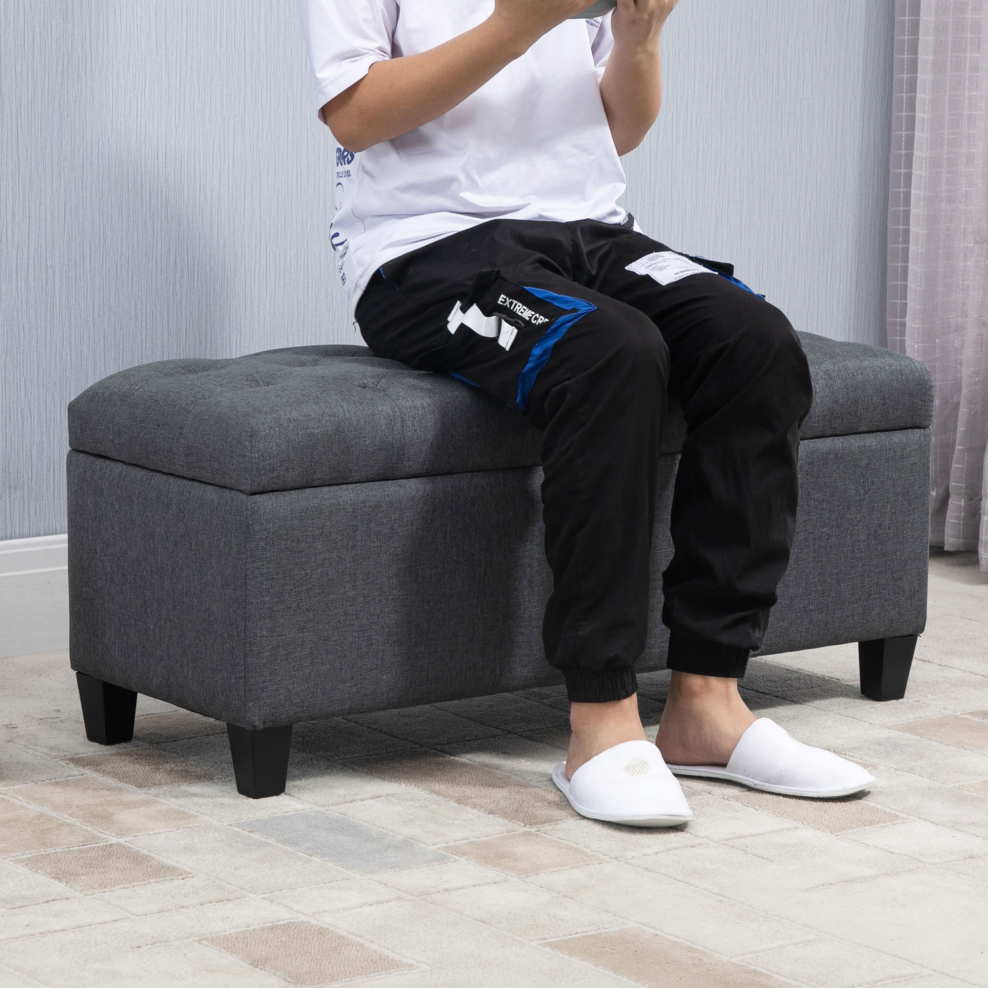 Sitzbank mit Stauraum Polsterbank mit Leinenoptik, Sitztruhe mit Holzbeine, Truhenbank für Wohnzimmer Schlafzimmer Flur 100 x 40 x 44 cm Dunkelgrau