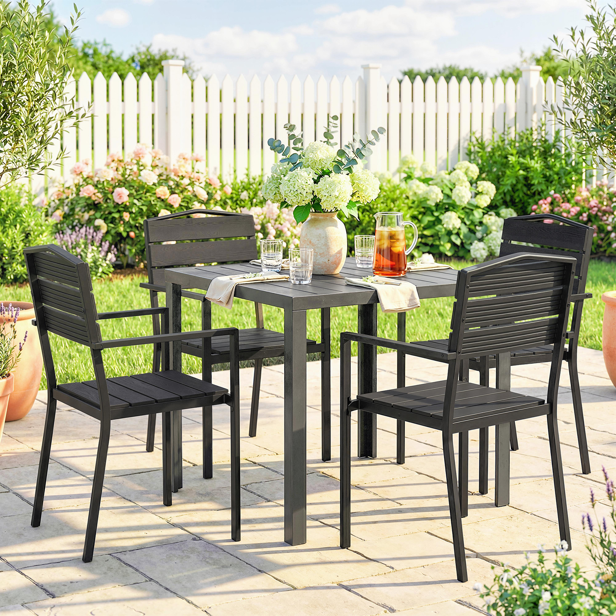 Gartenstühle 4er Set Stapelbare Terrassenstühle mit Lamelldesign Armlehnen 52 x 51 x 90 cm Schwarz