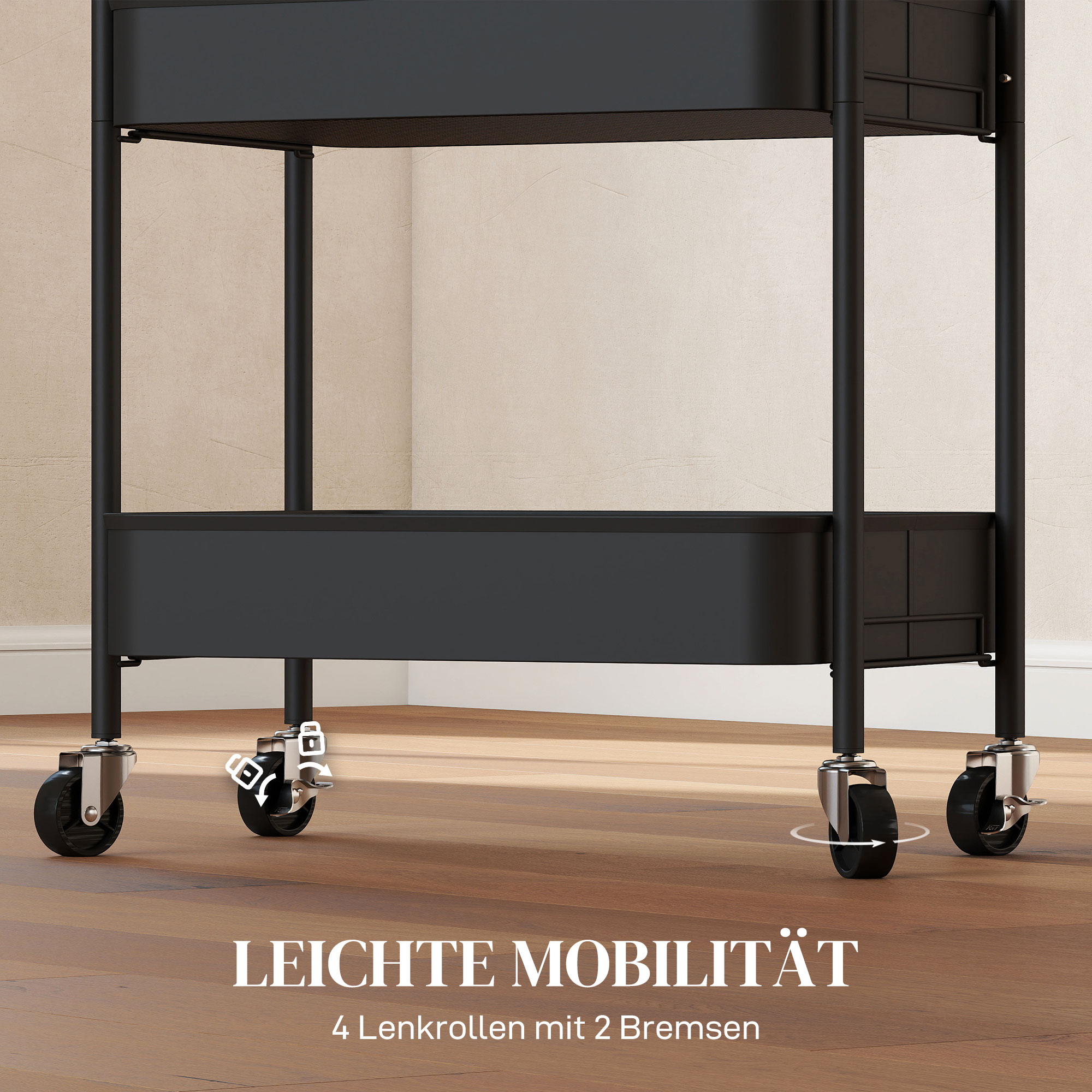 Mehrzweckwagen Rollwagen Küchenwagen, 3 Regale, 4 Rollen, 45 cm x 30,6 cm x 79 cm, Schwarz