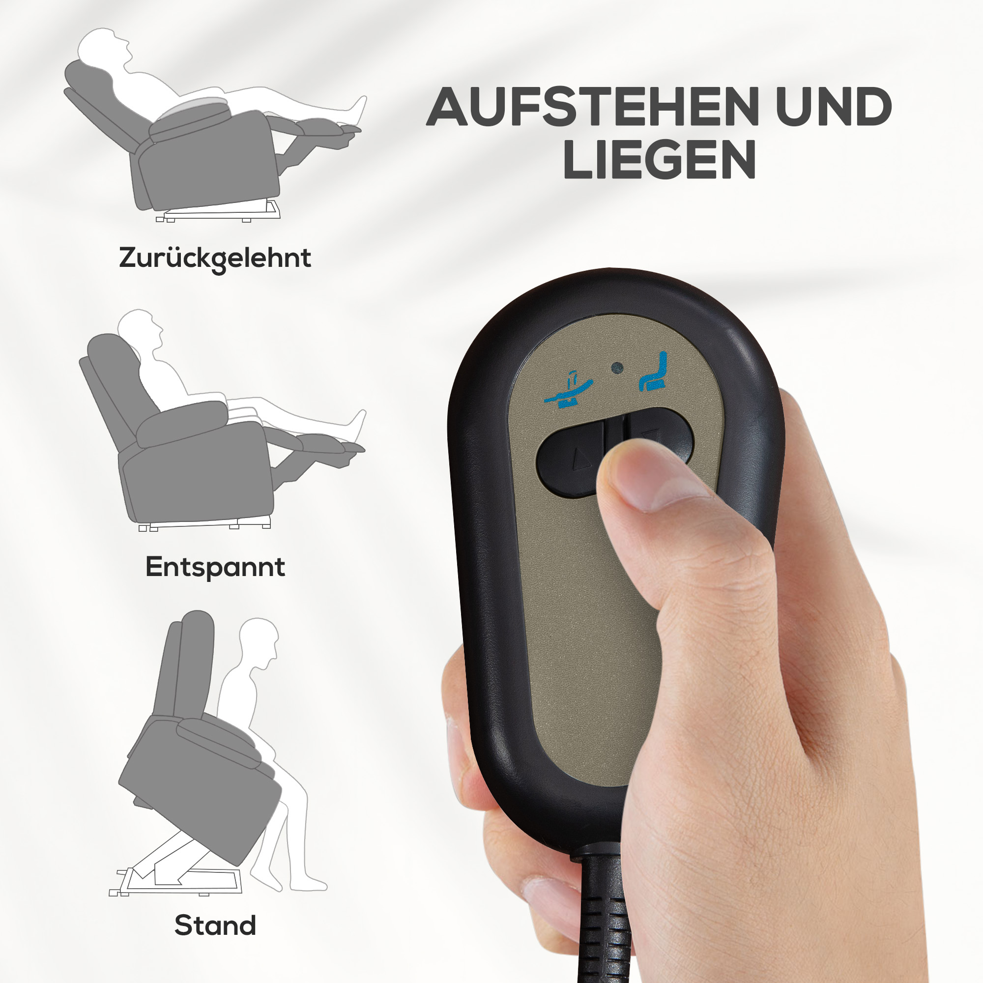 Relaxsessel mit Aufstehhilfe, verstellbare Rückenlehne/Fußstütze, bis 120 kg, 66 x 90 x 96 cm, Grau