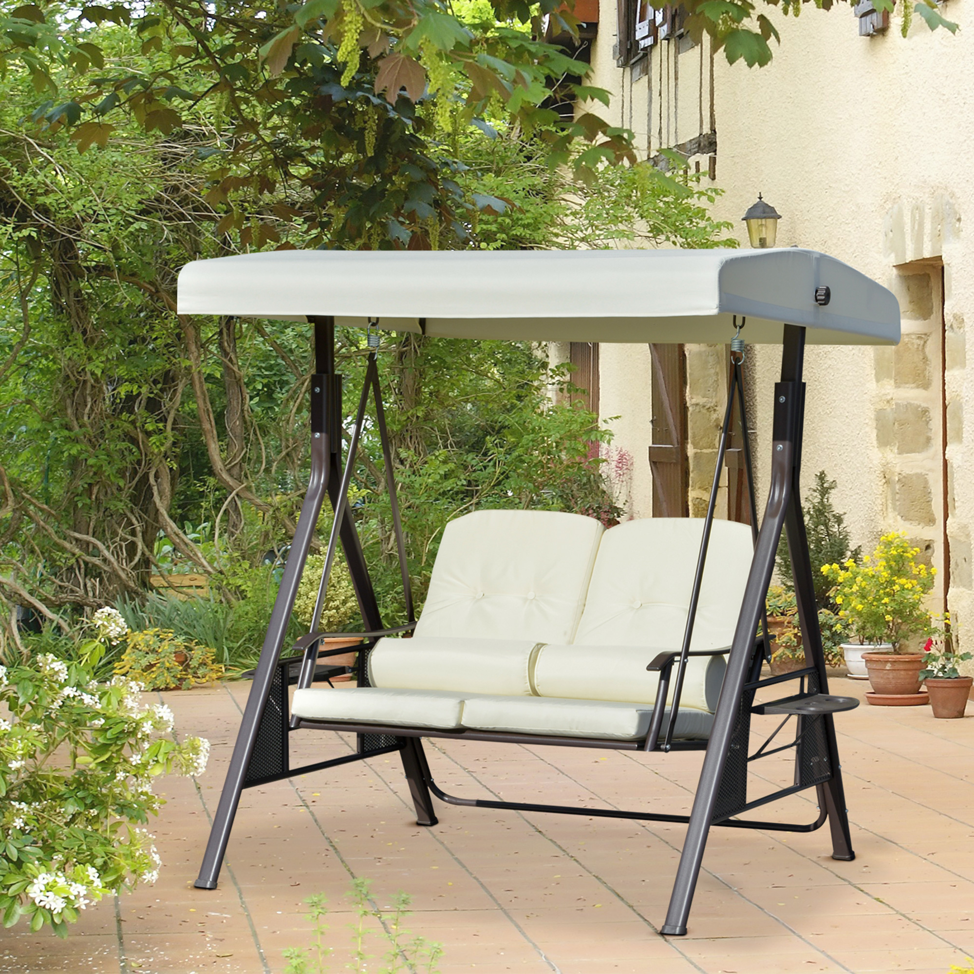 Hollywoodschaukel 2-Sitzer-Hollywoodschaukel Gartenschaukel, wetterbeständig, 2 Ablagen,  Weiß + Schwarz