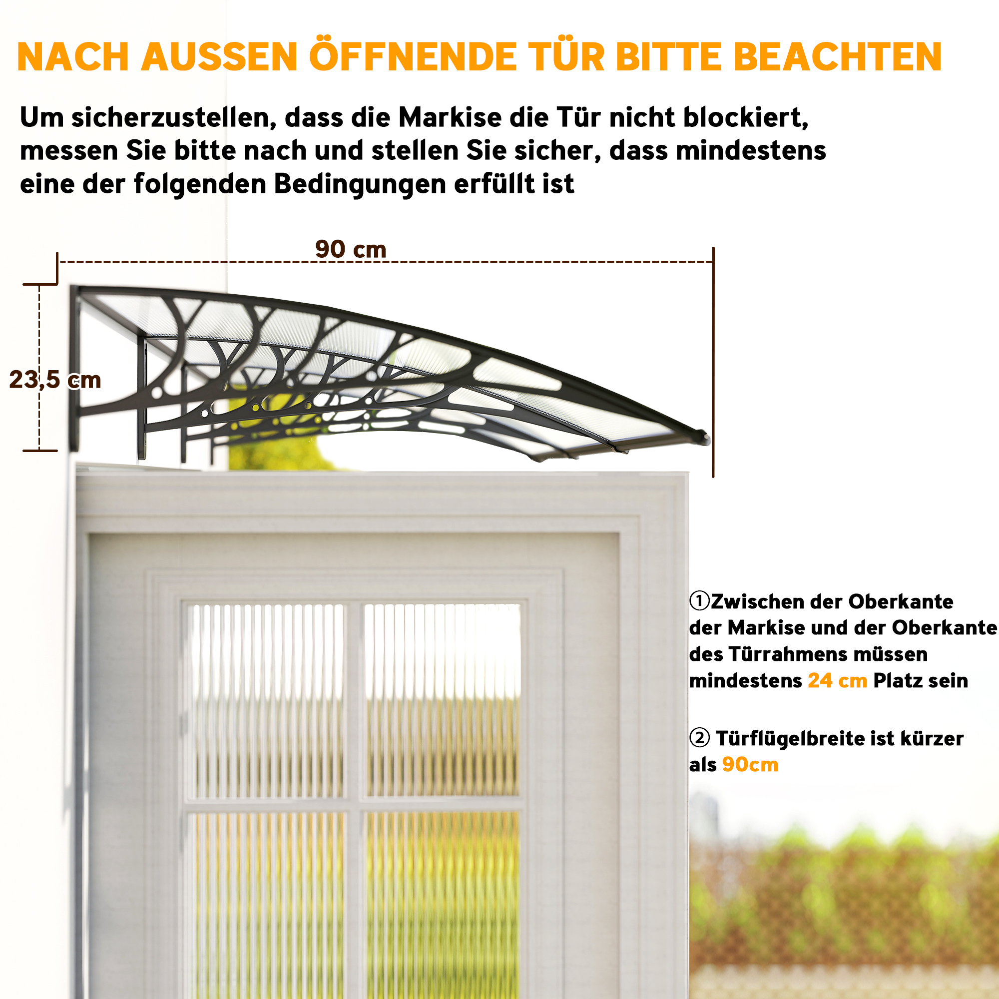 Vordach Schutzdach, Sonnen- und Regenschutz, inkl, Wandhalterung, 295x90 cm, Weiß