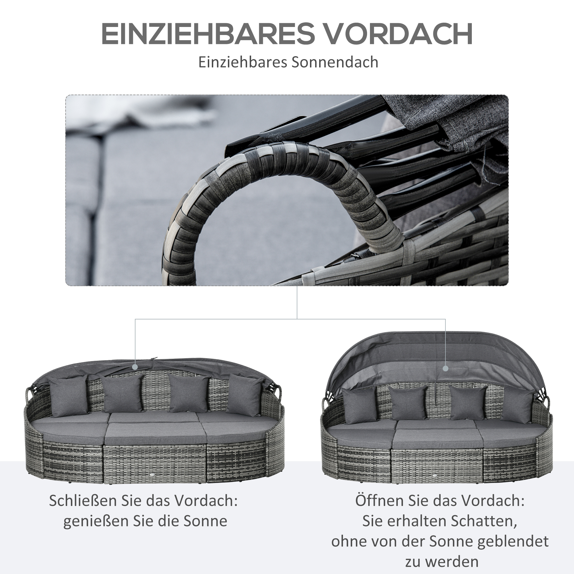 Rattan Sonneninsel 4-teilige Liegeinsel mit Sonnendach Sitzgruppe 4 Kissen Metall Grau 230 x 145 x 80 cm