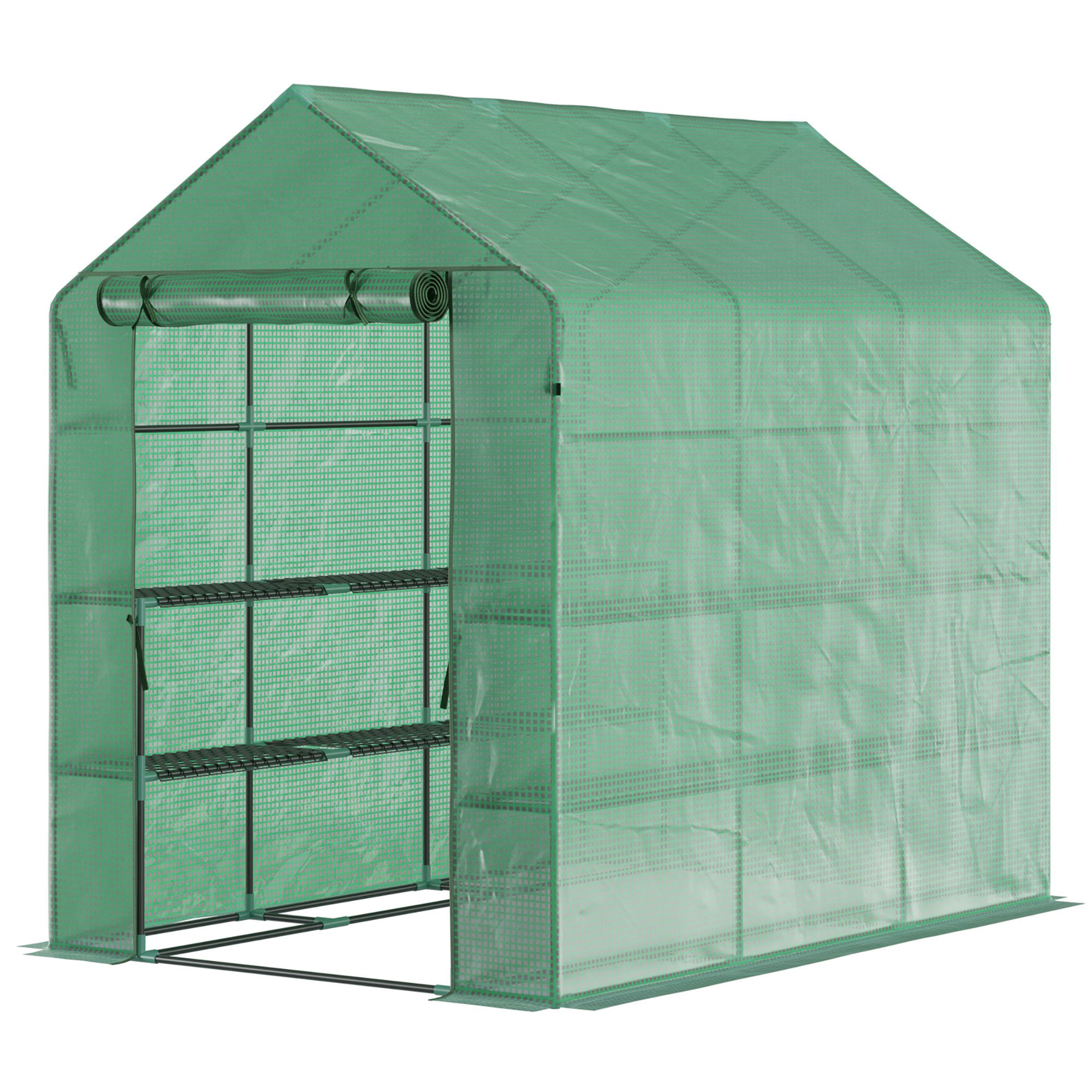 Foliengewächshaus begehbares Gewächshaus mit 8 Regalebenen Tomatengewächshaus Treibhaus Frühbeet mit Tür Grün Stahl PE-Kunststoff 214 x 143 x 195 cm