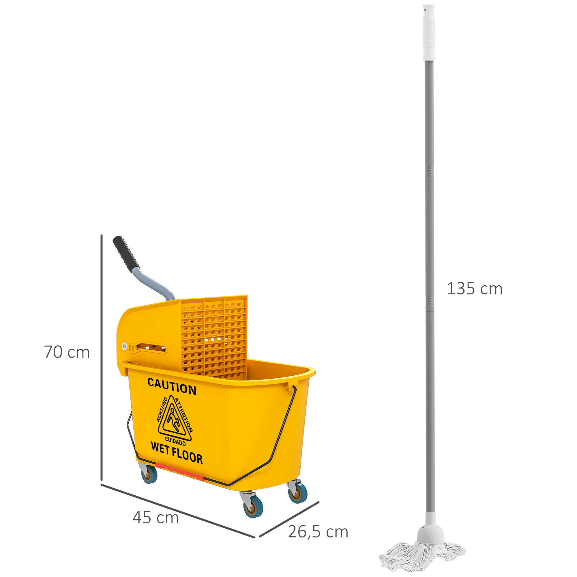 Reinigungswagen 20L Putzwagen mit Presse und Kehrgarnitur, Eimer inkl. Mopp, Rolle