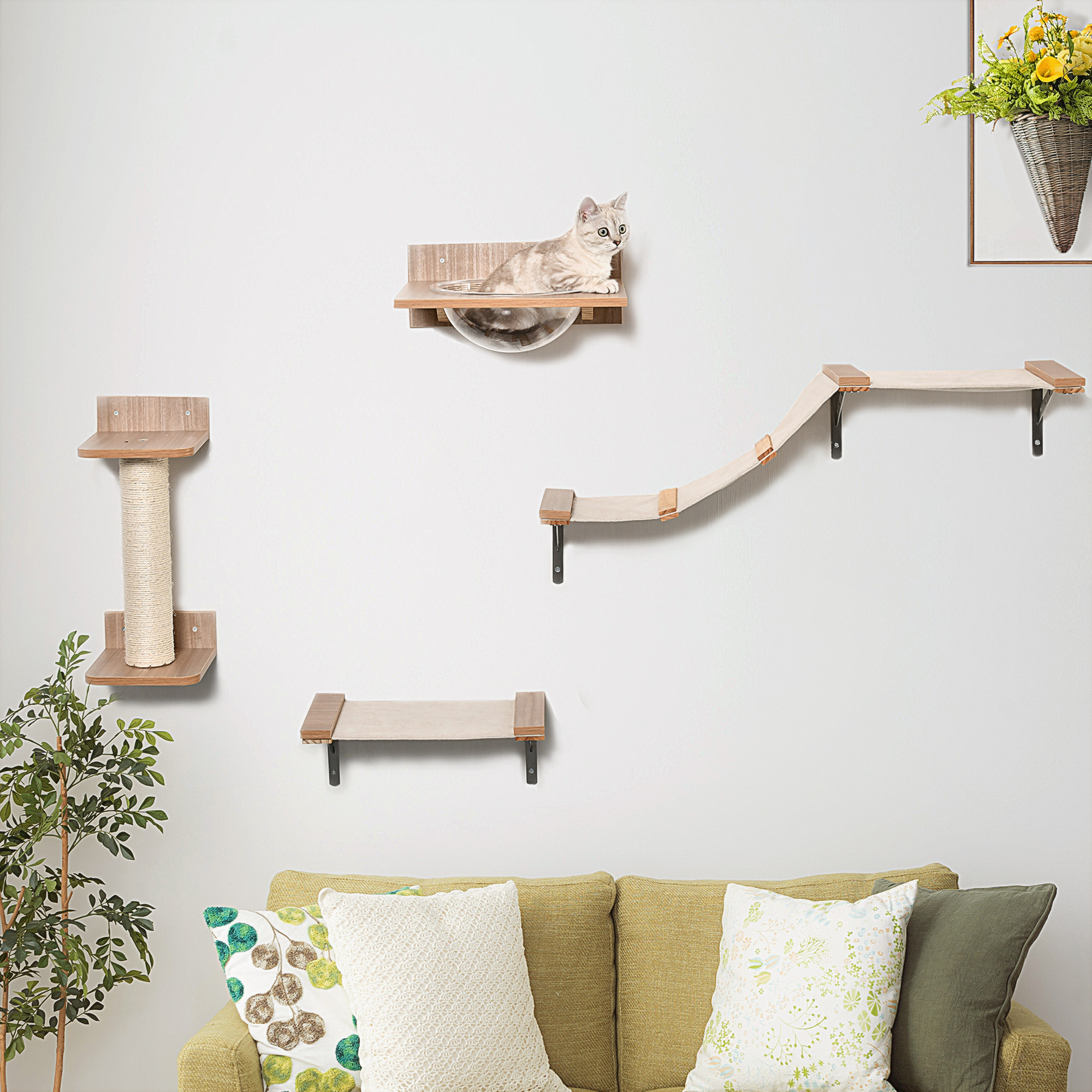 Kletterwand Katzen, 4-teilig Katzenkletterwand Set Katzen Wandelemente mit Kratzbaum Hängematte Sprungplattform Kratzsäule Katzentreppe Katzenwandmöbel für Klettern Schlafen bis 5 kg Hellbraun