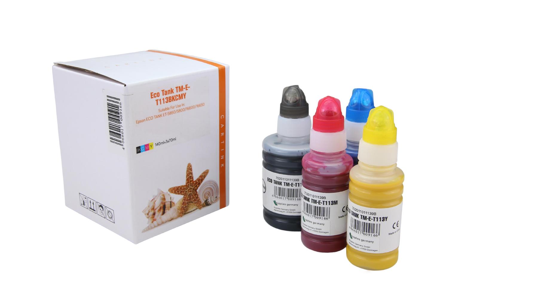 Multipack T113 alternativ Eco Tank Nachfüllflasche für Epson / C13T06B140440 / BK140ml / CMY70ml