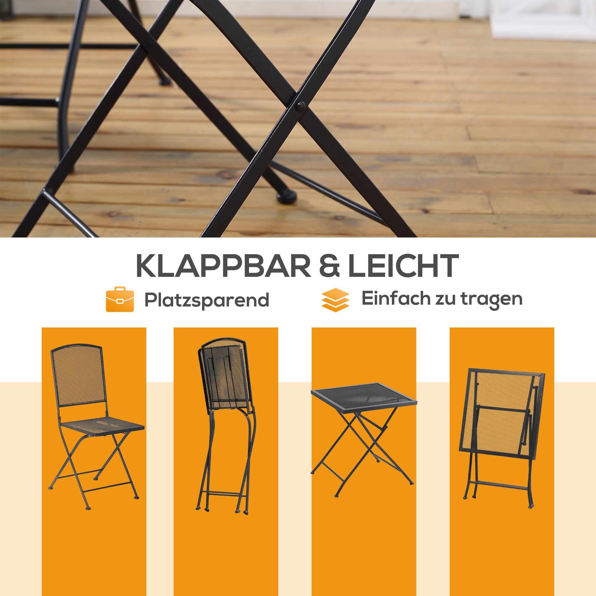 Garten Sitzgruppe für 2 Personen Bistro-Set Garnitur 1 Tisch+2 faltbare Stühle für Terrasse Balkon Metall Grau