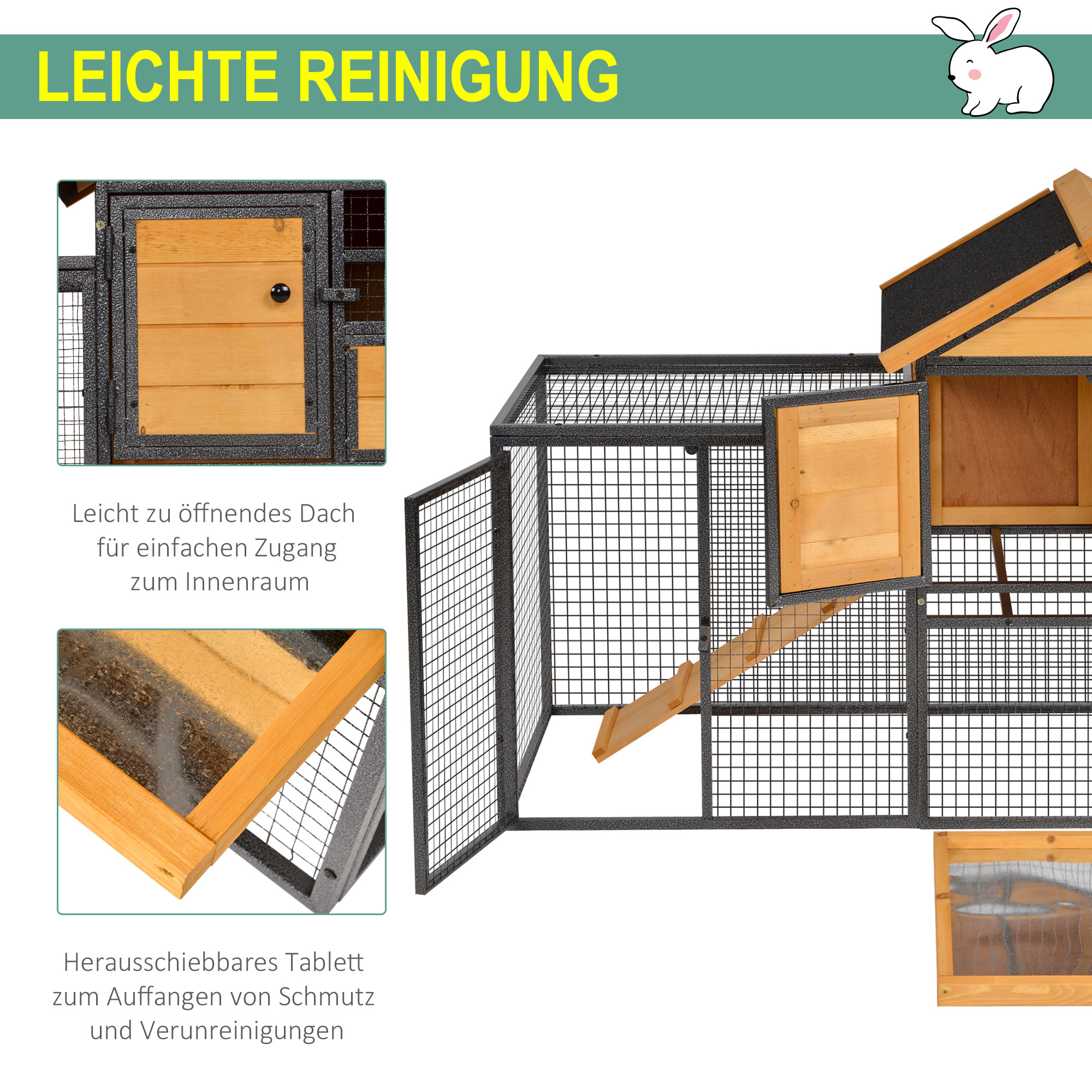 Kleintierstall mit Freigehege u. Rampe 122 cm x 63 cm x 92 cm Tannenholz Metall Hellgelb+Dunkelgrau