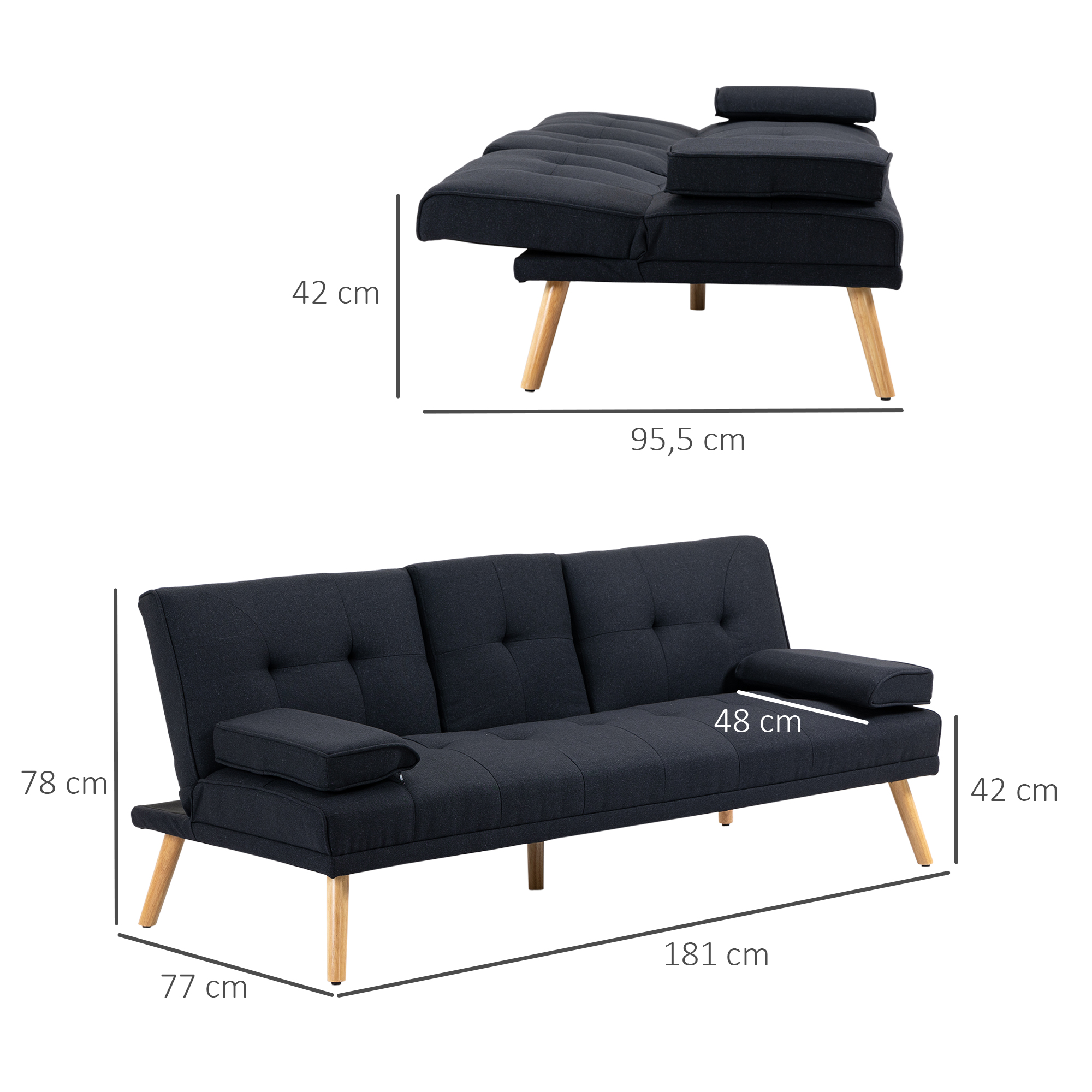 Schlafsofa, Gästebett, verstellbare Rückenlehne, klappbarer Tisch, 181x77x78 cm, Schwarz