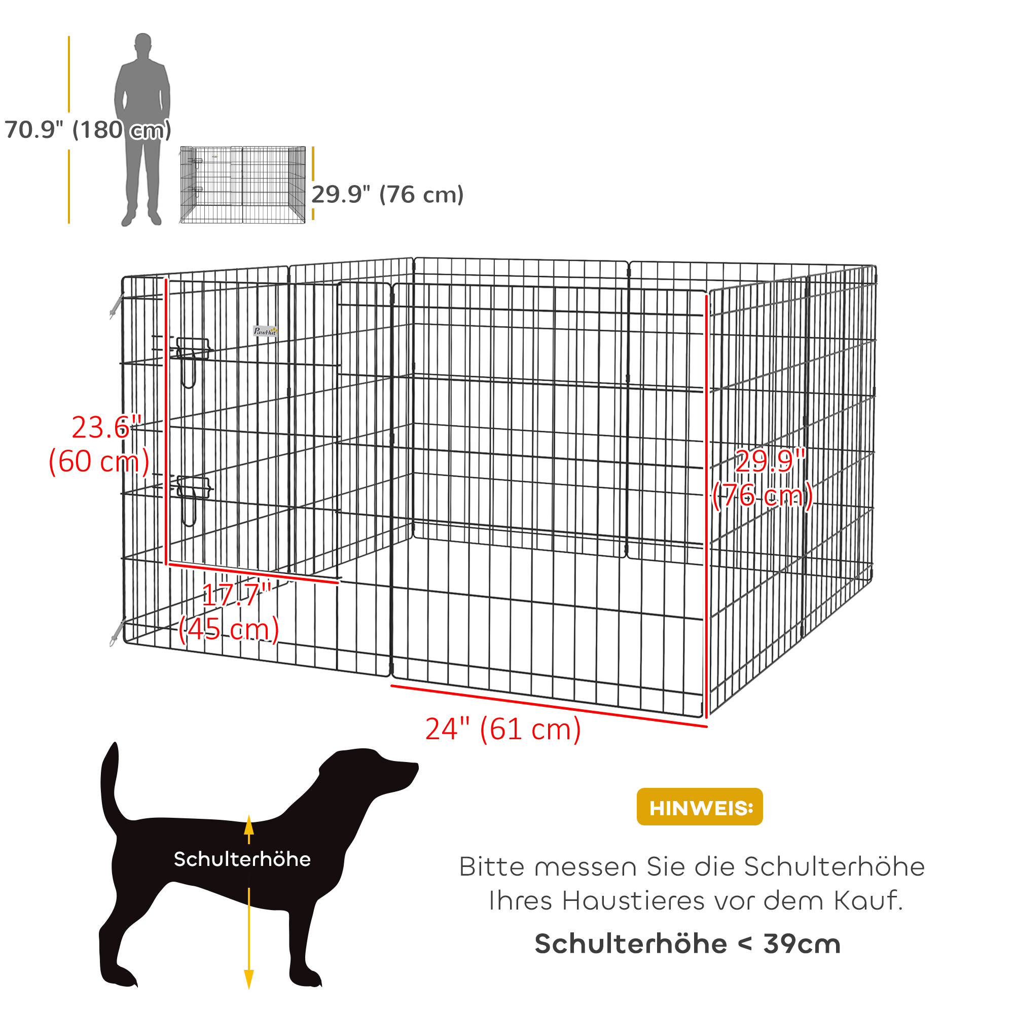 Haustierlaufstall, Spielgehege für Welpen und kleine Hunde, mit Tür, Indoor- und Outdoor-tauglich, 76 cm, Schwarz