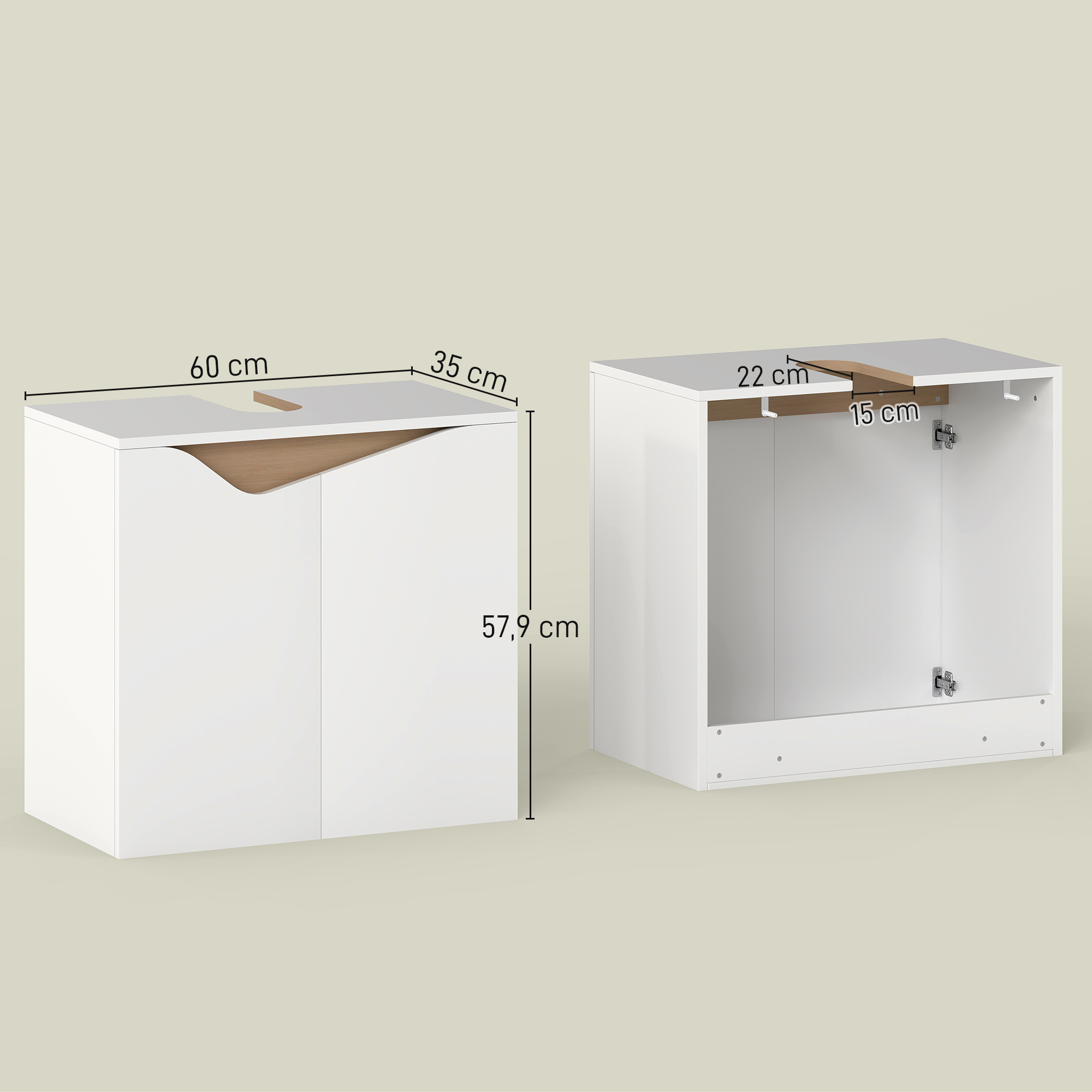 Waschbeckenunterschrank, Badezimmer Unterschrank mit Soft-Close-Türen, Weiß, 60 x 35 x 57,9 cm
