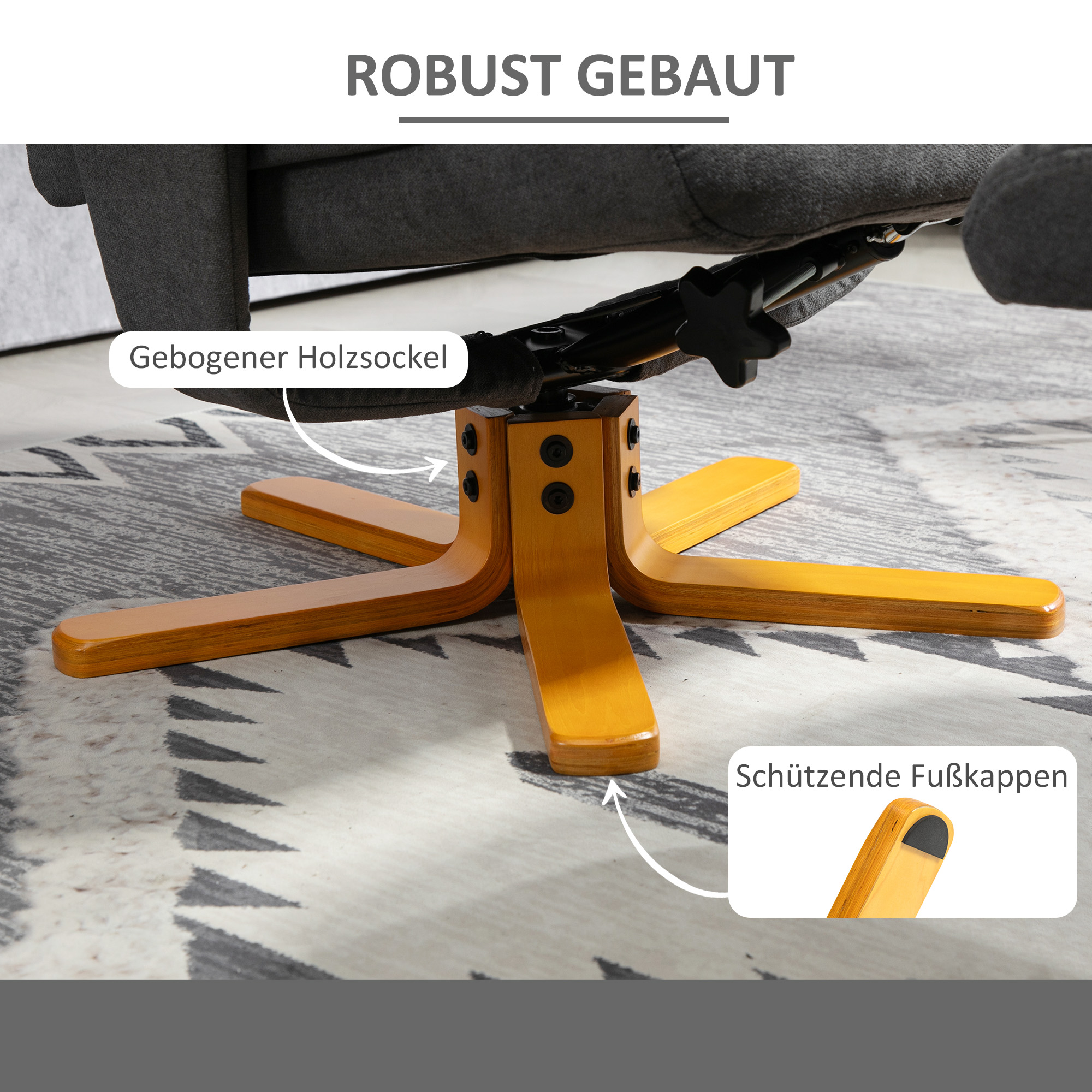 Verstellbarer Sessel mit Fußhocker mit hoher Lehne und Holzrahmen für Wohnzimmer, Schlafzimmer, Dunkelgrau