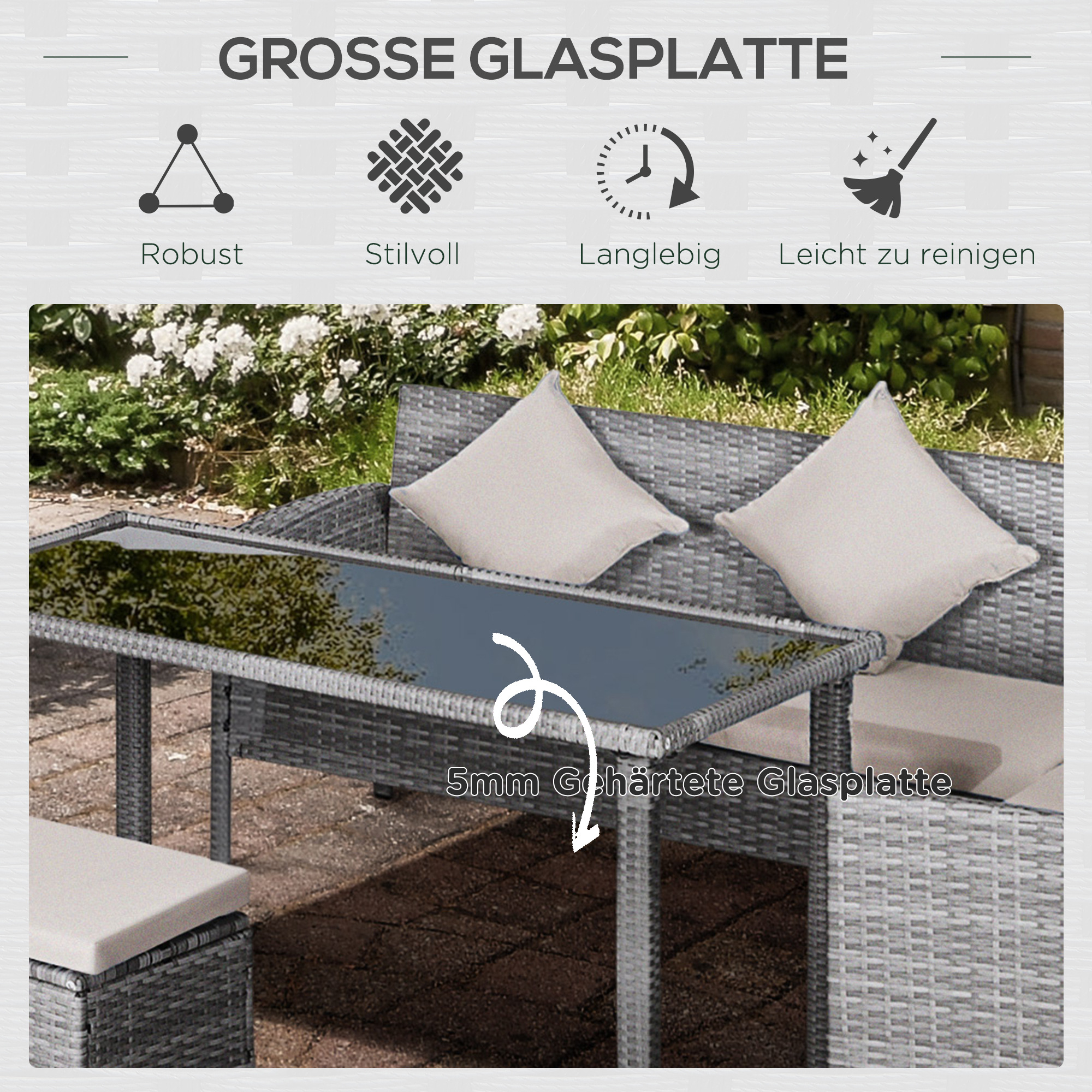 5-tlg, Gartenmöbel Set, Rattan Sitzgruppe mit Fußhocker, Metall, Grau, 142 x 60 x 75 cm