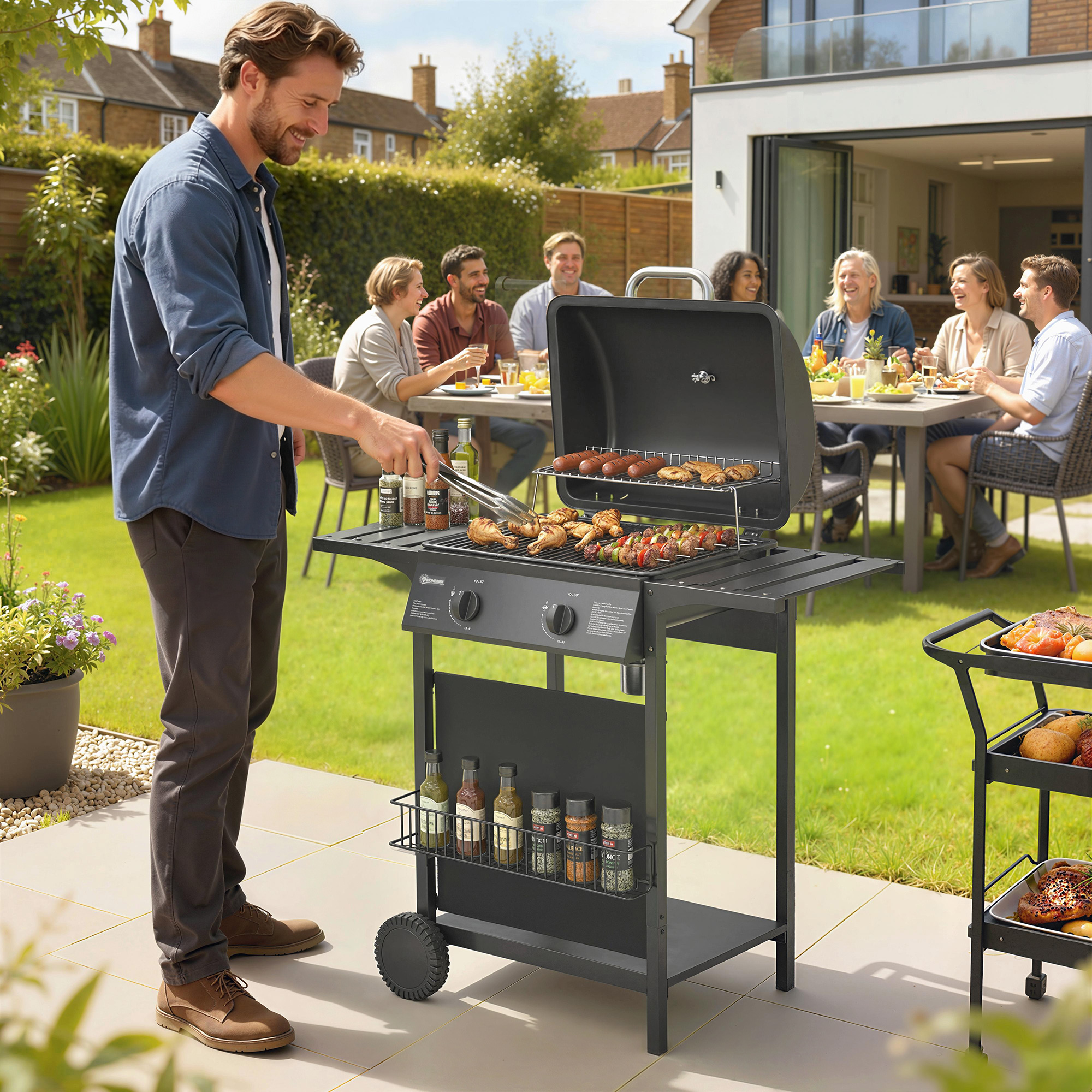Gasgrill 5kW 2 Brenner BBQ Grillwagen Edelstahl inkl Seitentisch Unterkorb Frontabdeckung Thermometer Emaille-Grillrost