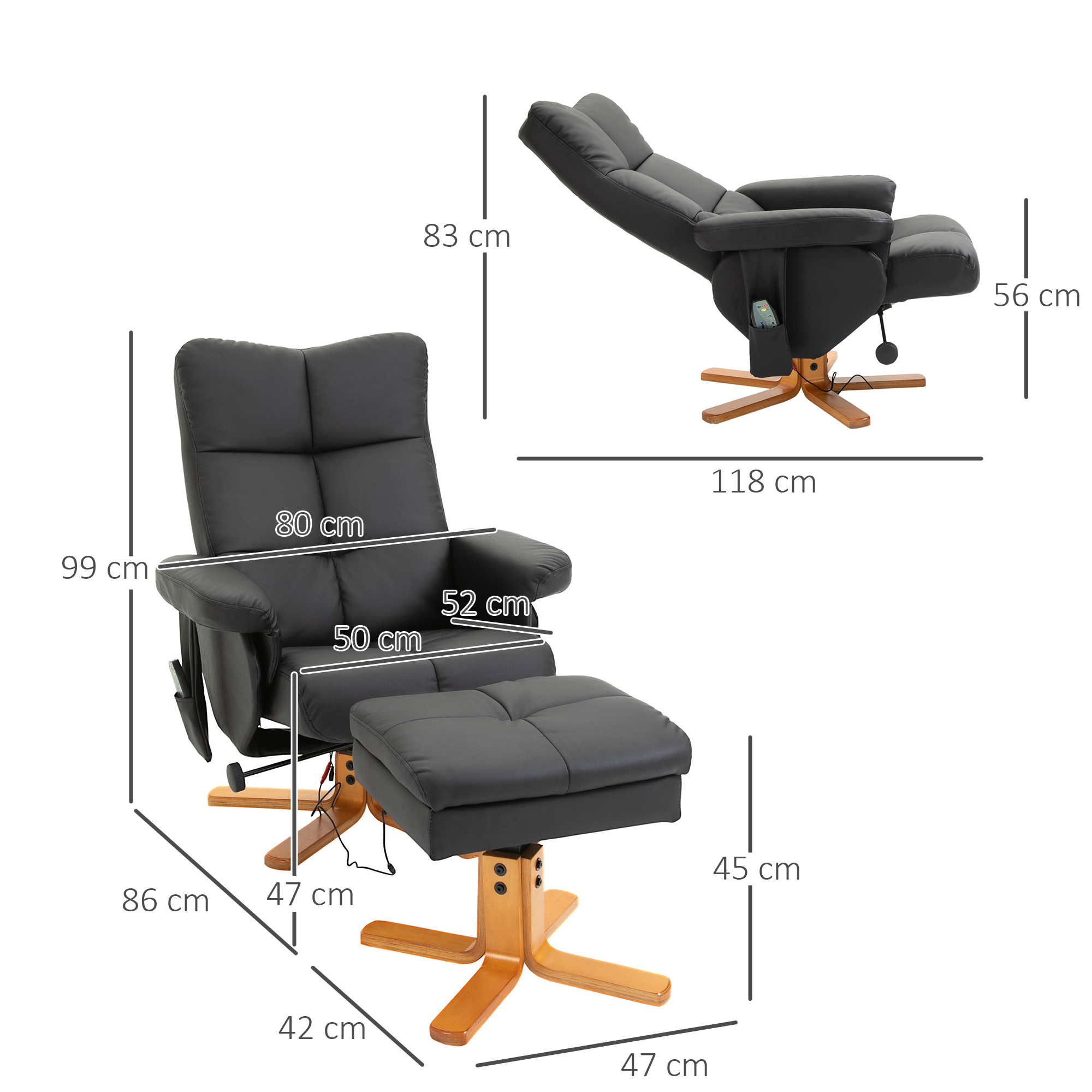 Massagesessel mit Hocker, 145° Neigbarer Relaxsessel mit Massagefunktion Liegefunktion Stauraum, TV-Sessel Fernsehsessel für Wohnzimmer, Kunstleder, 80 x 86 x 99 cm Schwarz