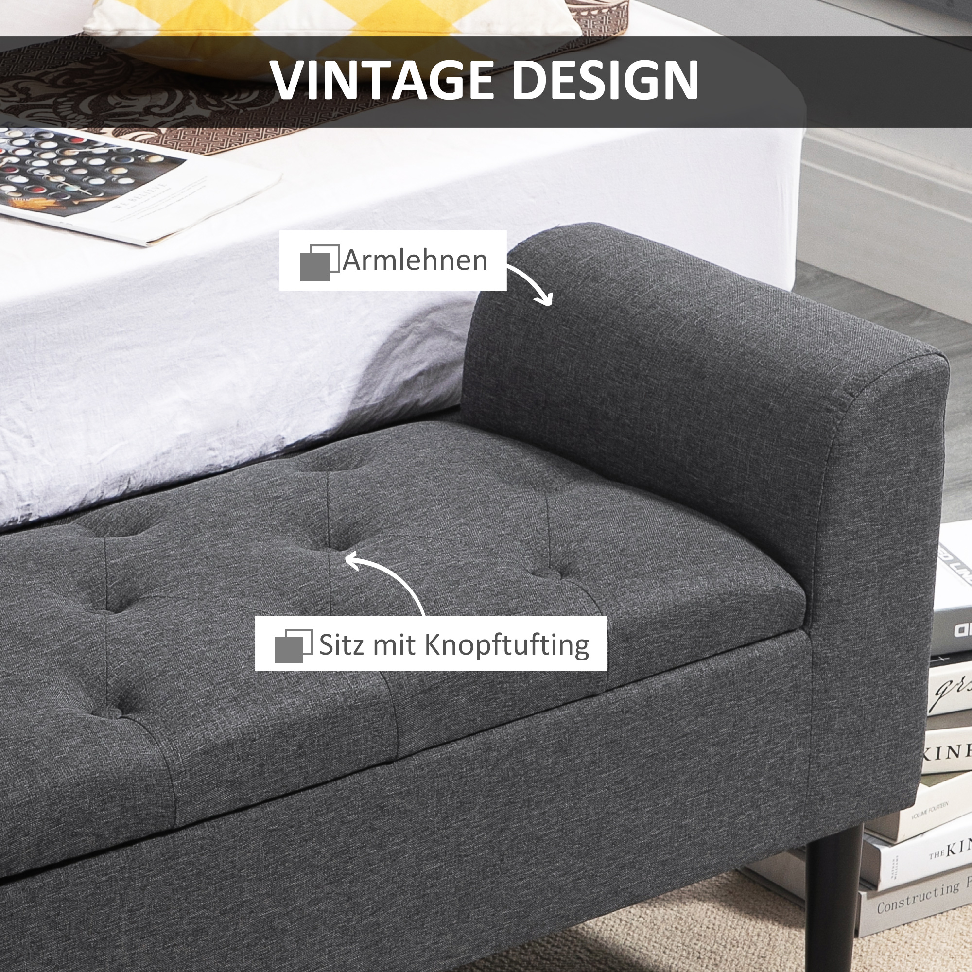 Sitzbank mit Stauraum, Polsterbank mit Leinenoptik, Holzbeine, Bettbank belastbar bis 130 kg, für Wohnzimmer Schlafzimmer Flur, 116 x 44 x 58 cm Dunkelgrau