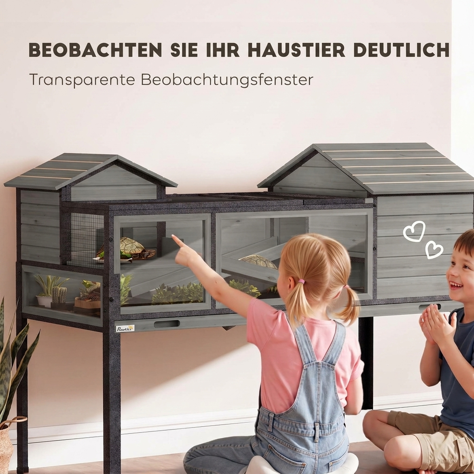 Schildkrötenhaus Holz 2-stöckig Schildkrötengehege mit 2 Haupthäuser Acrylfenster Klappdach herausziehbarer Wanne Grau