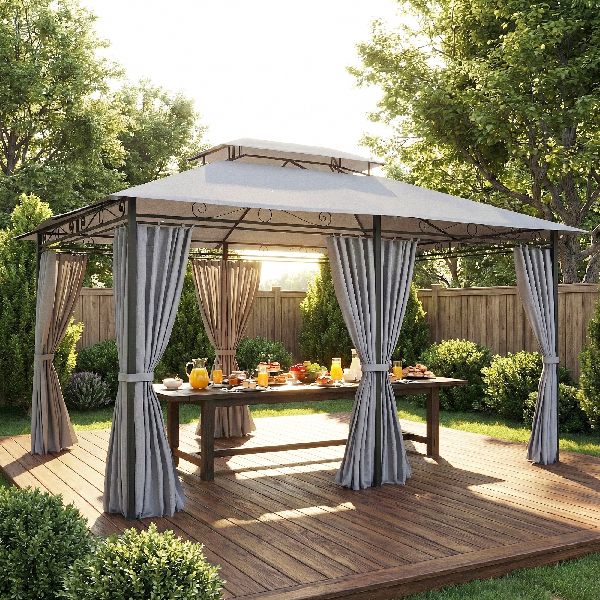 Gartenpavillon, Outdoor Pavillon mit Vorhängen, belüftetem Dach, Dunkelgrau