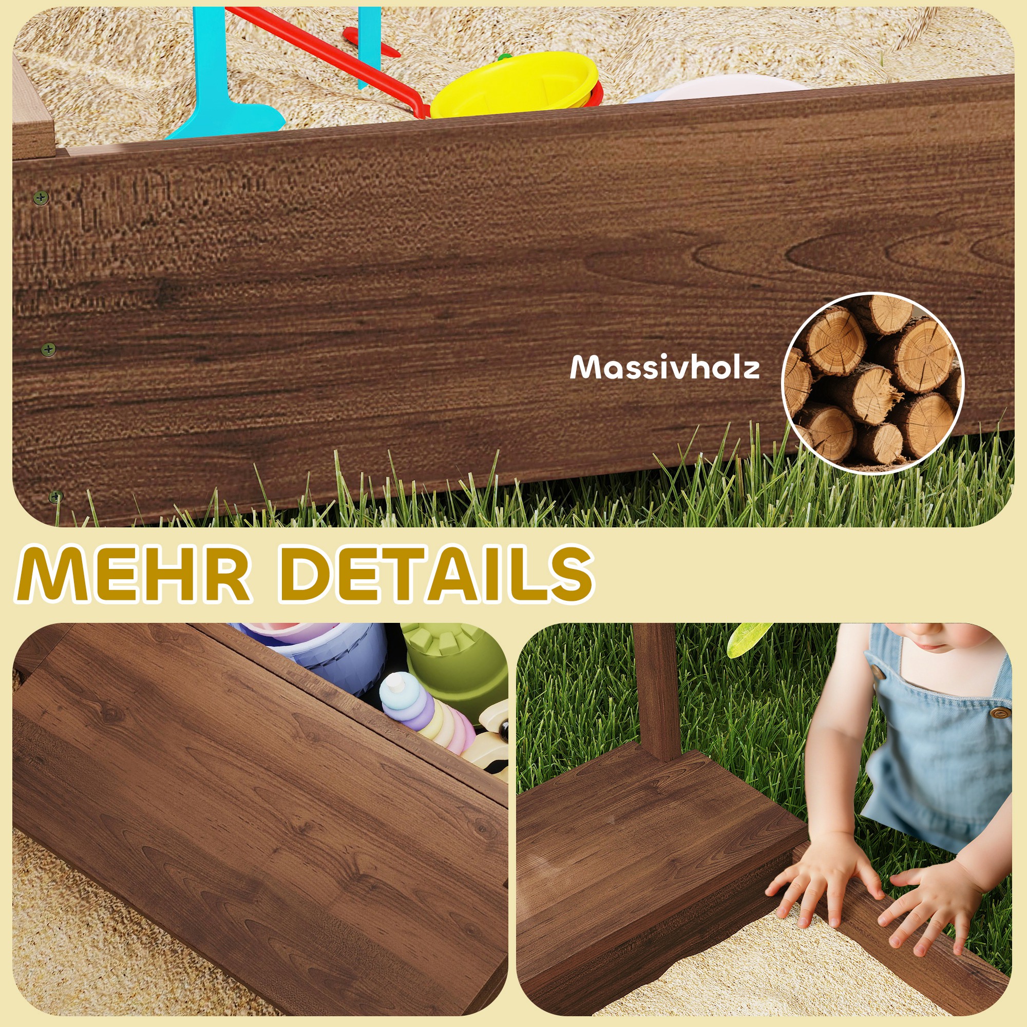 Sandkasten, Sandkiste mit Vordach und Netztür, Sitzbänke, Bodenschutz, Braun