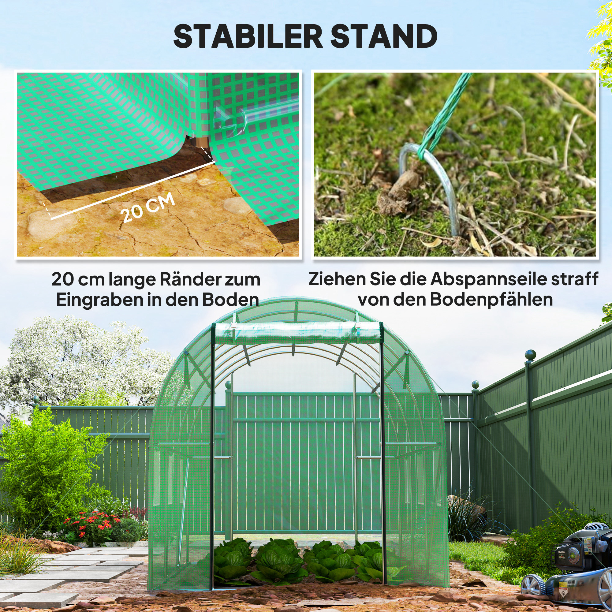 Polytunnel Gewächshaus mit Kunststoff-Abdeckung und Stahlrahmen, begehbares Gewächshauszelt mit Rolltüren, Grün