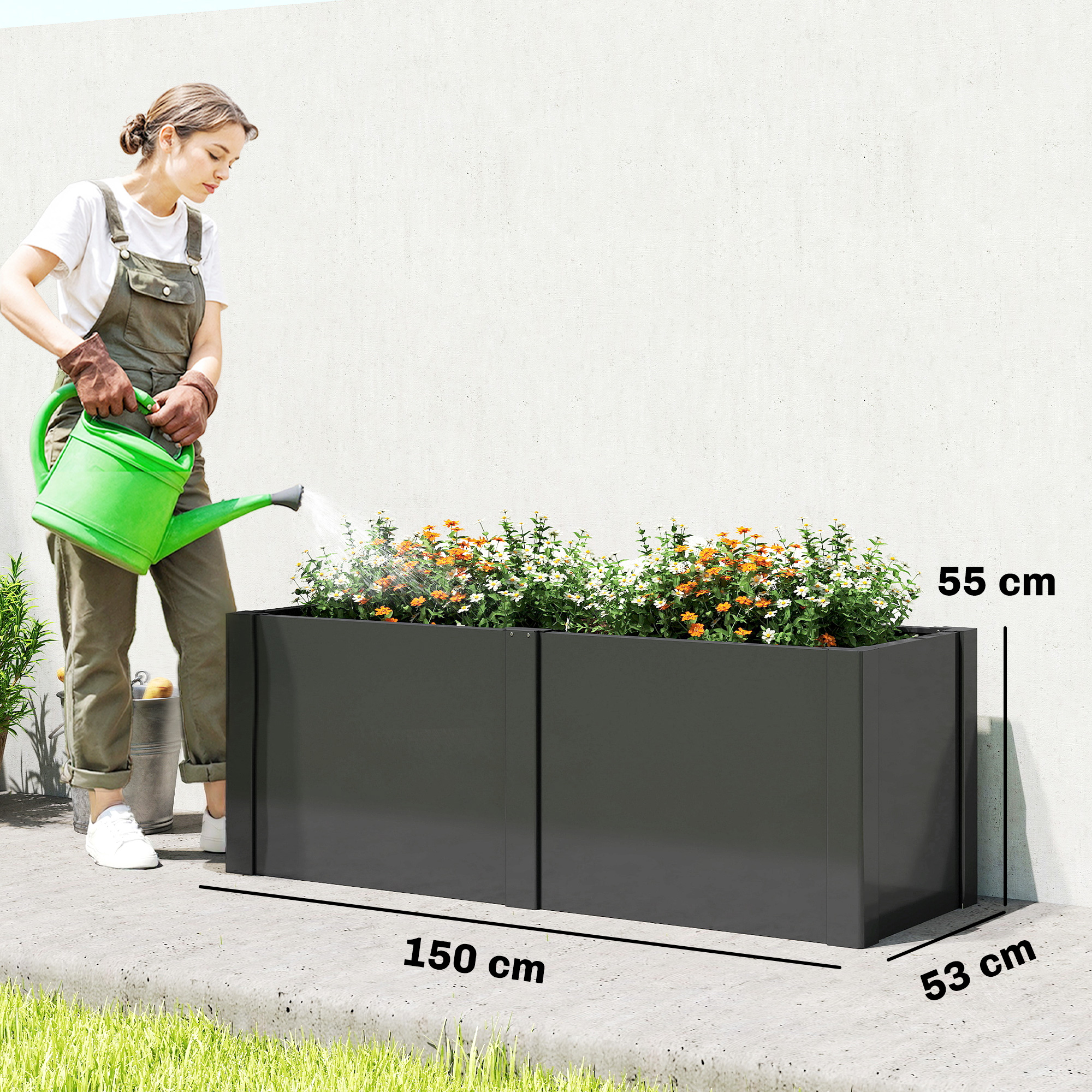 Hochbeet aus galvanisiertem Stahl, 150 x 53 x 55 cm, Outdoor-Pflanzkasten mit Trennwand, Schwarz