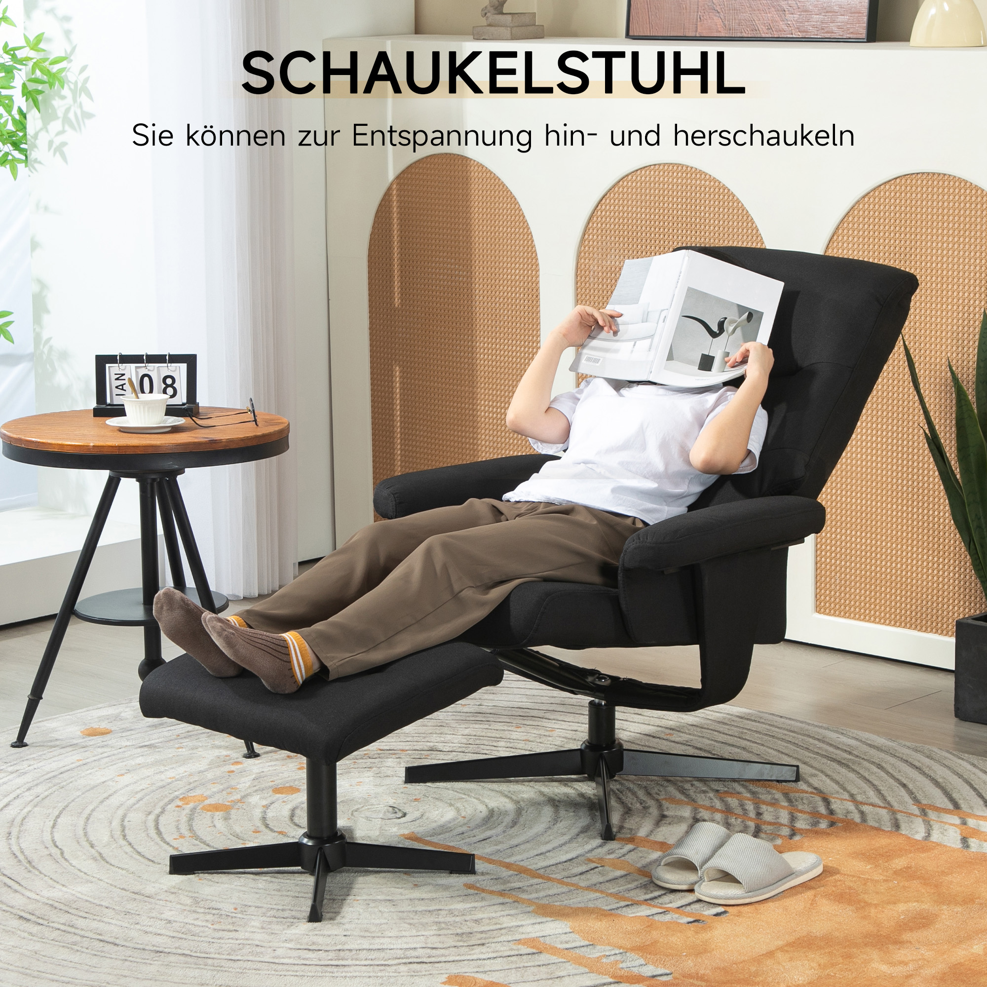 Liegesessel mit Hocker, drehbar, Wippfunktion, Samtoptik, bis 150 kg, Schwarz