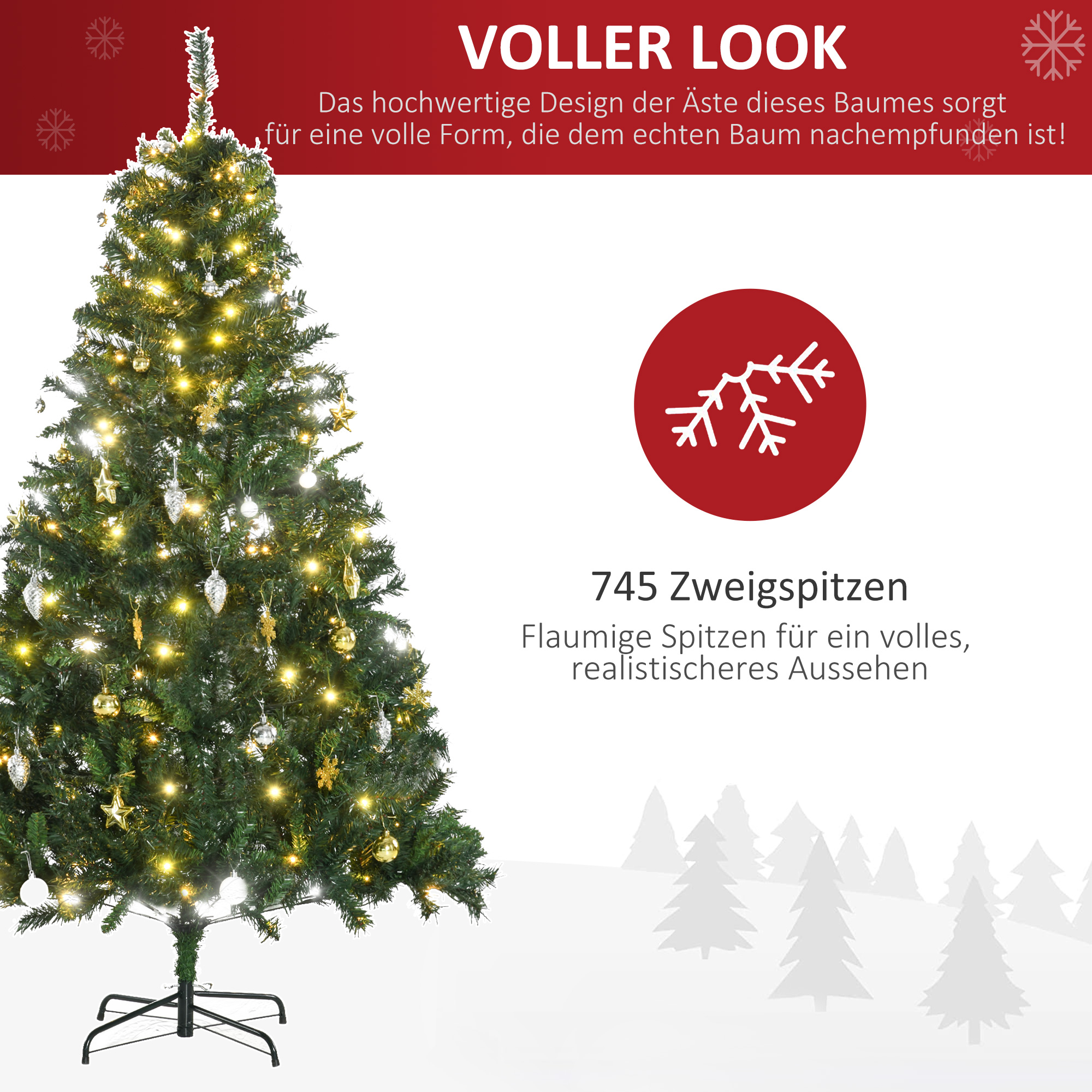 Künstlicher Weihnachtsbaum 180 cm künstlich Tannenbaum mit LED Beleuchtung, Kugeln, Christbaum mit 745 Spitzen, Weihnachtsdeko inkl. Metallständer für Drinnen