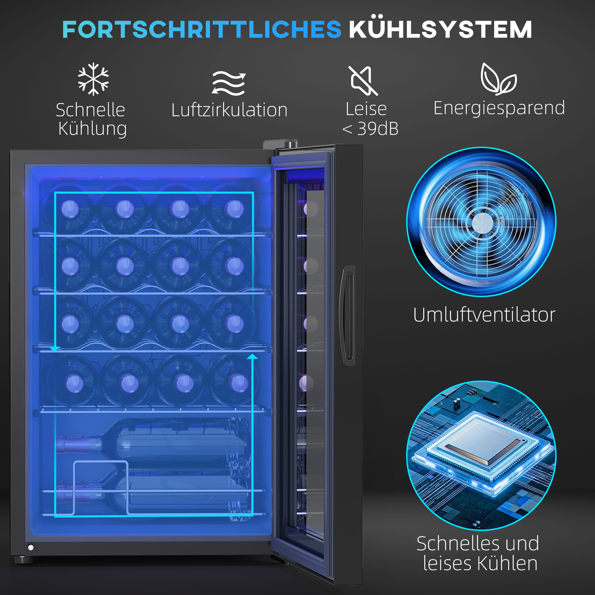 kleiner Weinkühlschrank, Mini-Kühlschrank für 20 Flaschen, 53 Liter Kapazität, mit Glastür, LED-Beleuchtung, Schwarz
