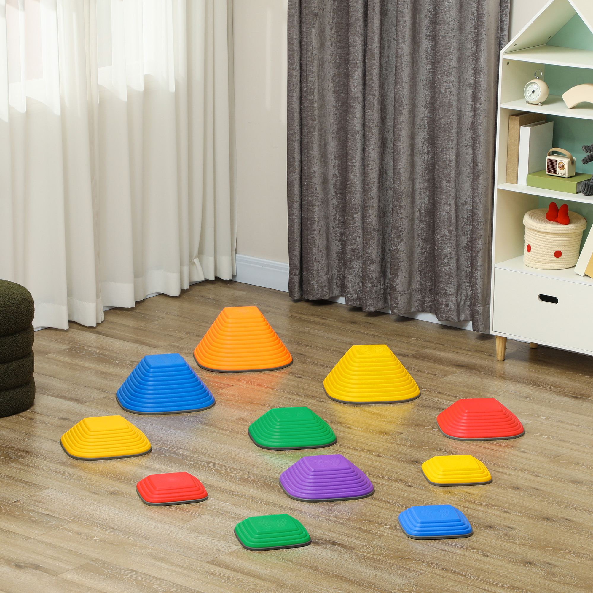 Balance-Trittsteine für Kinder, 11 Teile, Rutschfest, Hindernislauf-Steine, für Motorik-Förderung, Kunststoff, Bunt