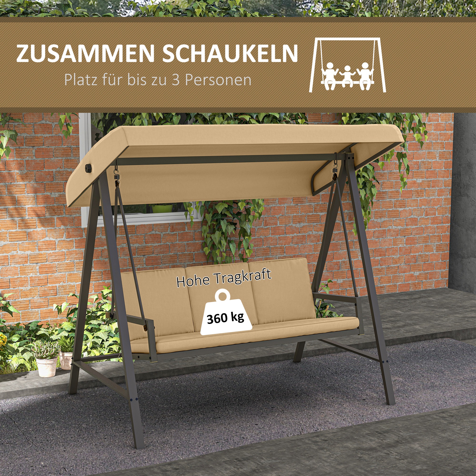 Hollywoodschaukel Gartenschaukel Schaukelbank, verstellbares Sonnendach, 200 cm x 125 cm x 175 cm, Beige + Braun