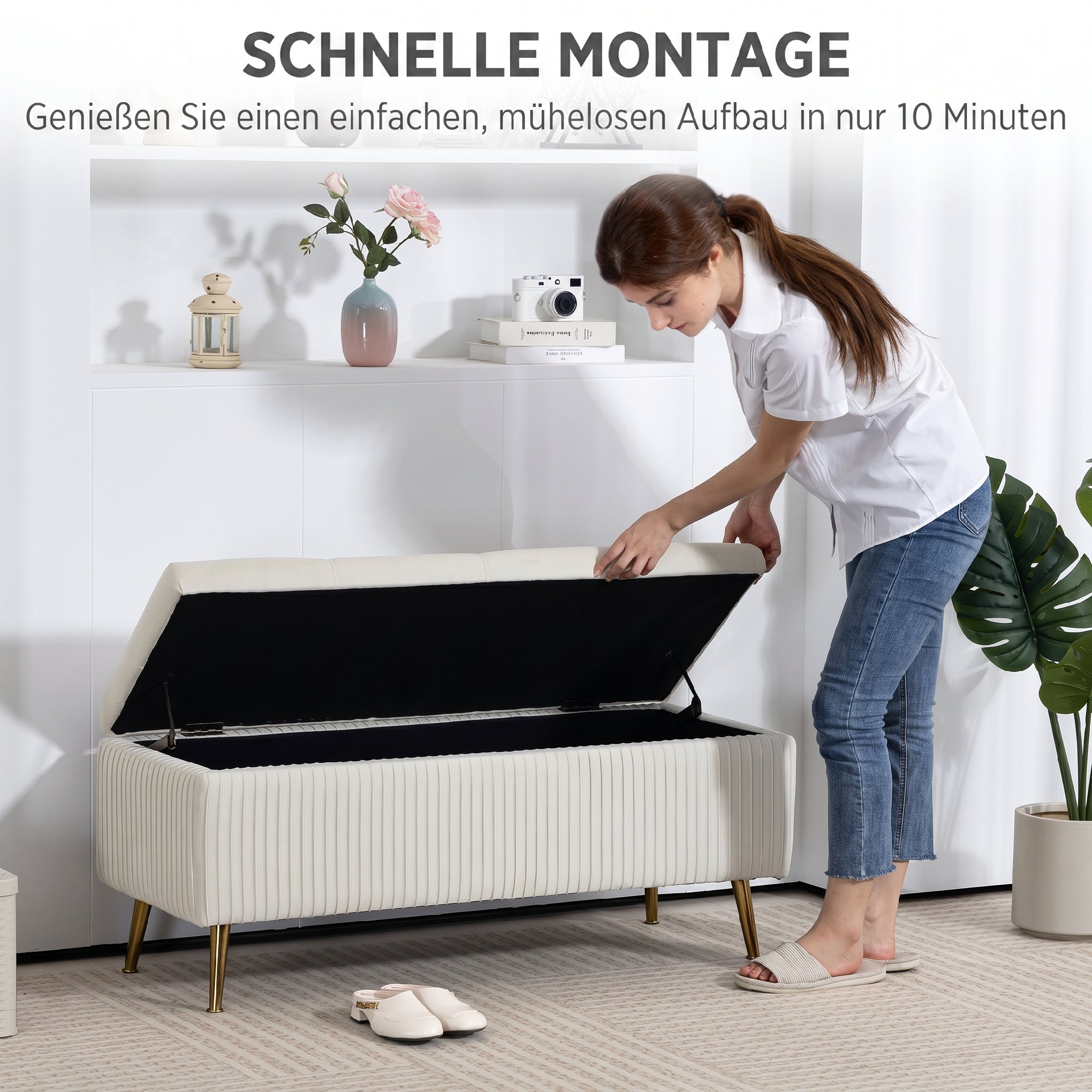Sitzbank mit Stauraum, Polsterbank mit Samtoptik, Goldene Stahlbeine, Bettbank für Wohnzimmer