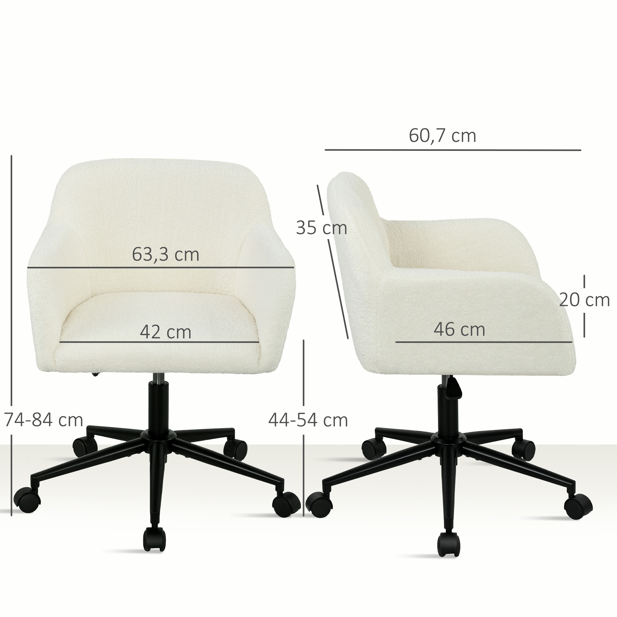 Drehbarer Bürostuhl mit Rollen, Schreibtischstuhl, Fleece-Stoff, Schaumstoff, höhenverstellbar, Homeoffice, Cremeweiß