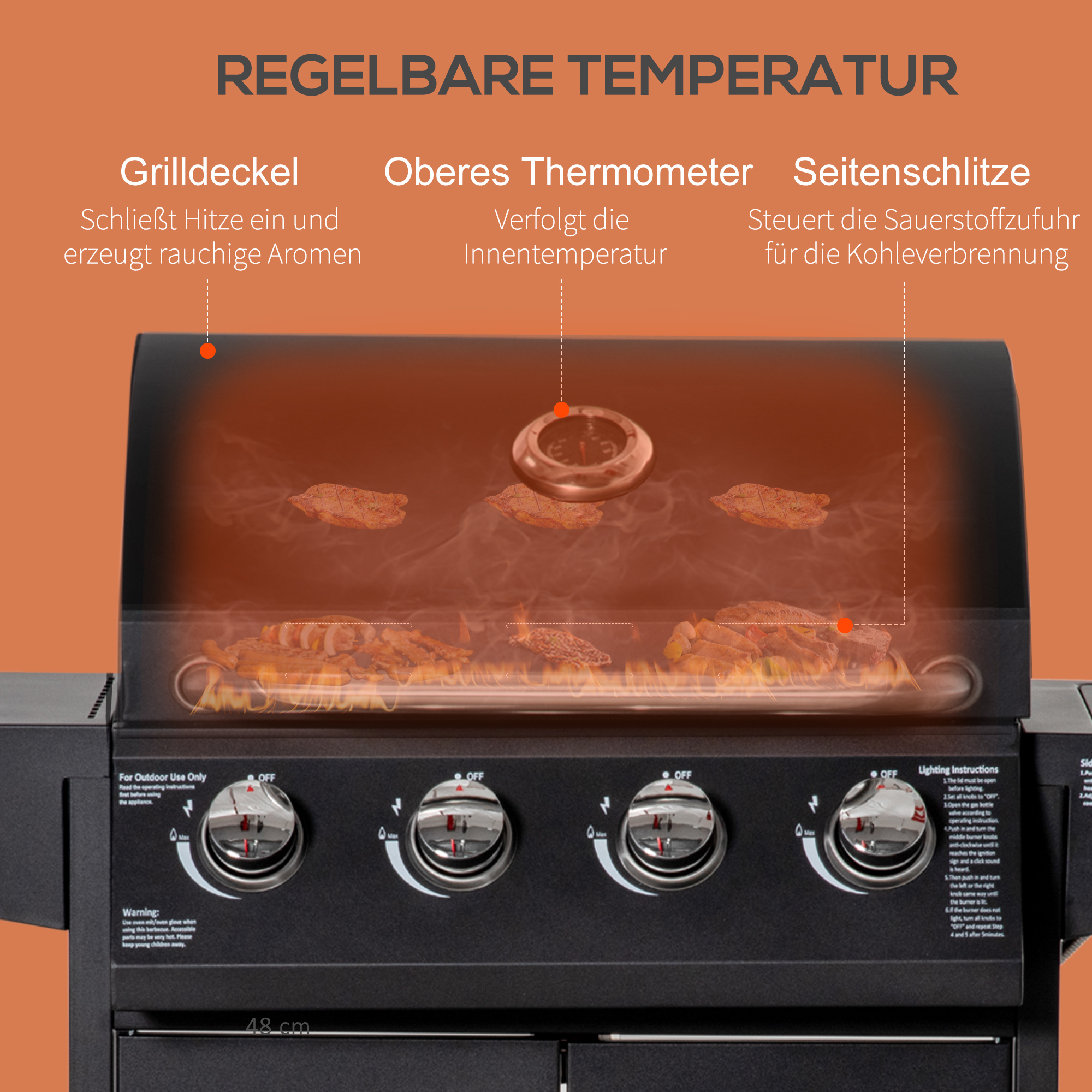 Gasgrill BBQ mit 3 Brennern je 3 kw mobiler Grillwagen mit 4 Rädern Grillnetz Seitentischen Druckminderer Schläuche Schrank Multifunktion Metall Schwarz 132,4cm x 55cm x 109cm